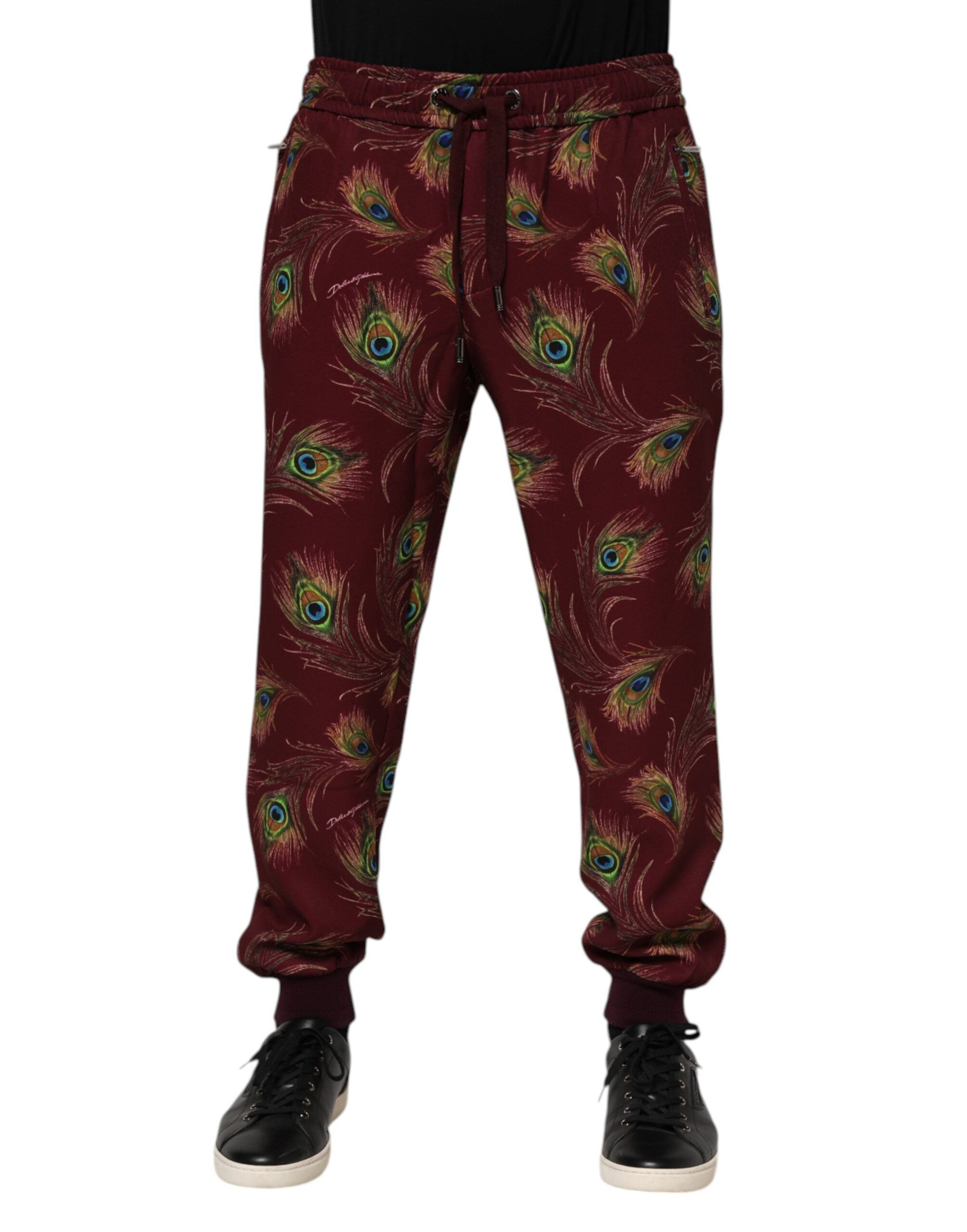 Burgundy Peacock Feather Print Jogger Pants - ventzia