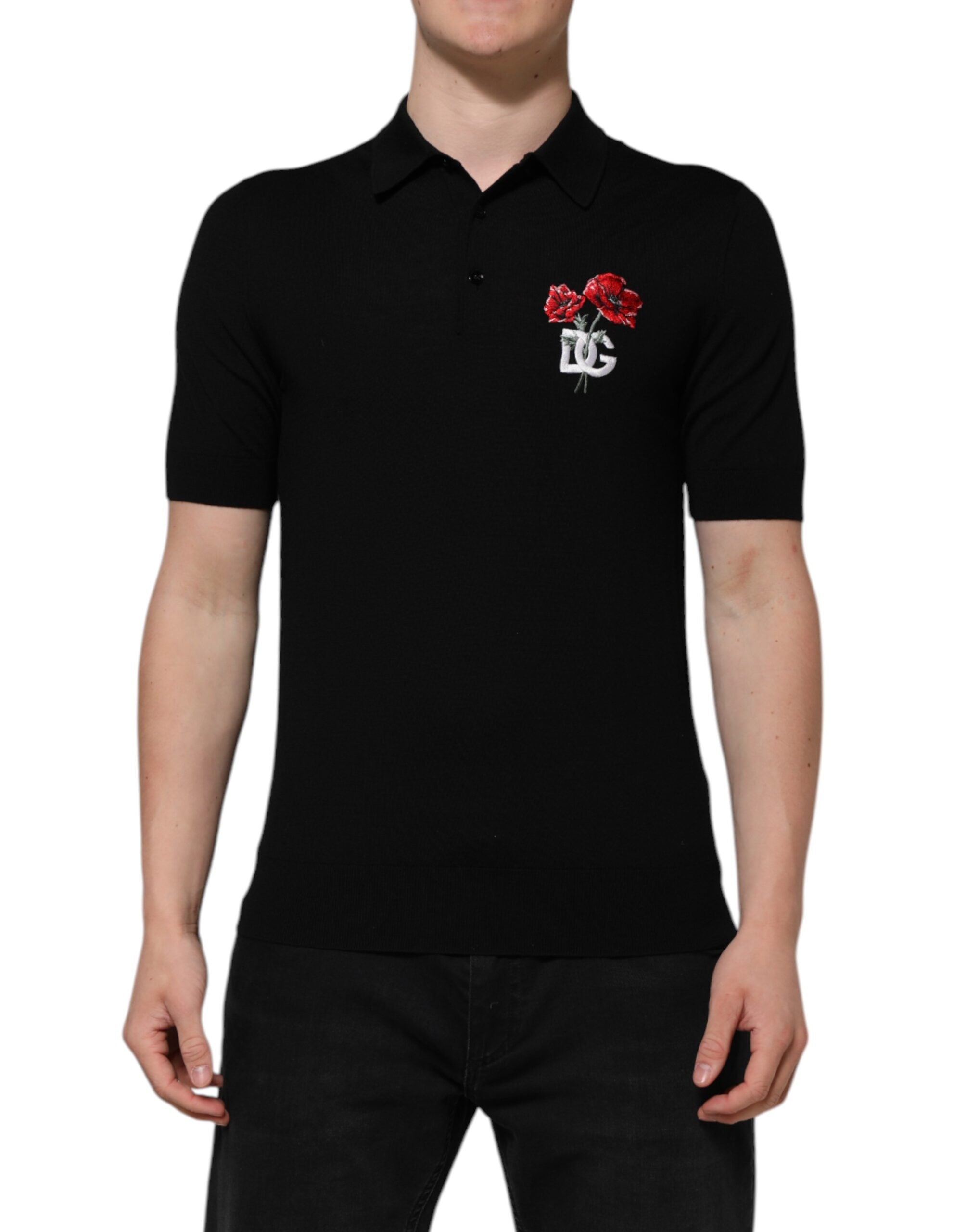 Black Wool DG Logo Rose Collared Polo T-shirt - ventzia