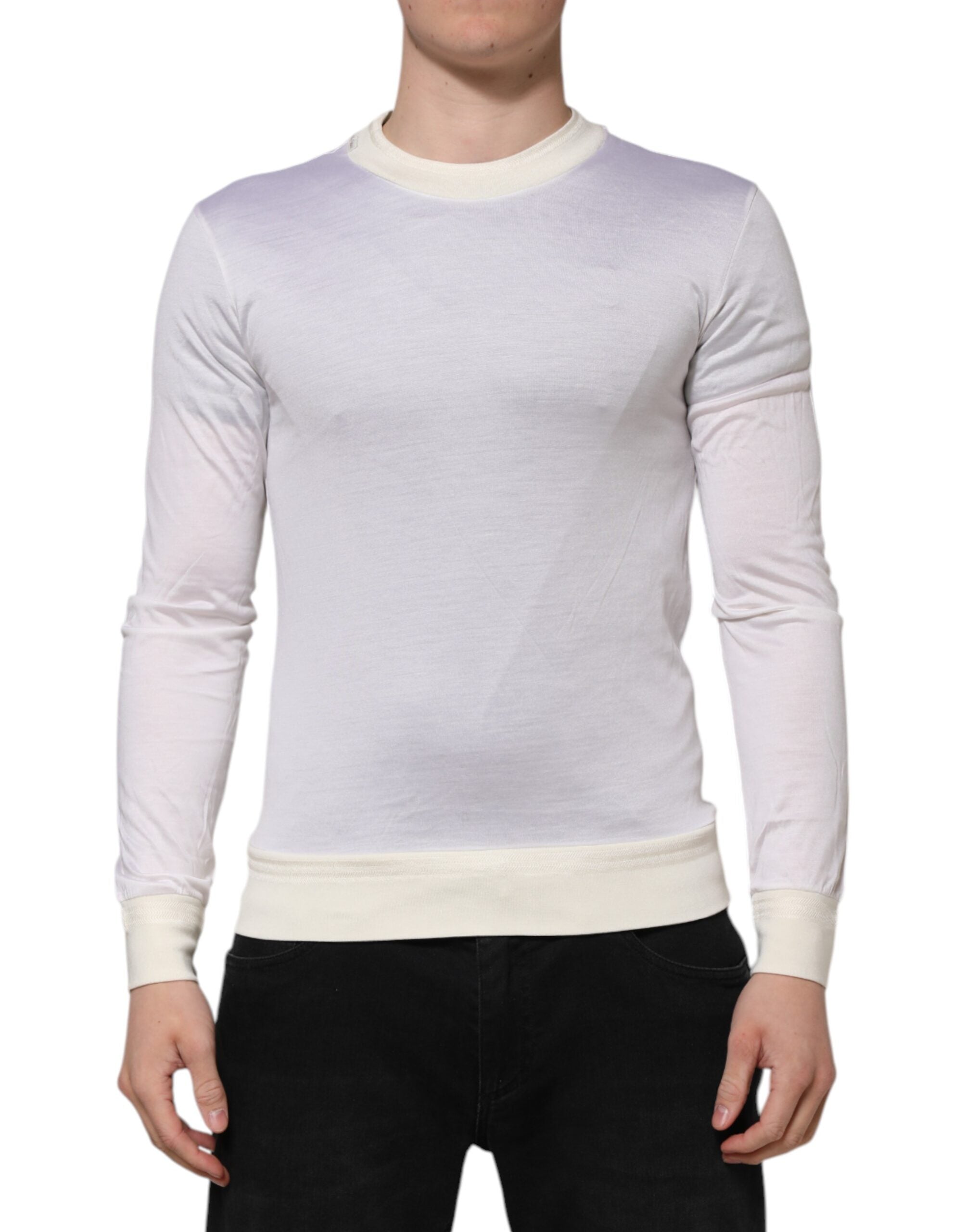 White Silk Crew Neck Long Sleeves T-shirt - ventzia