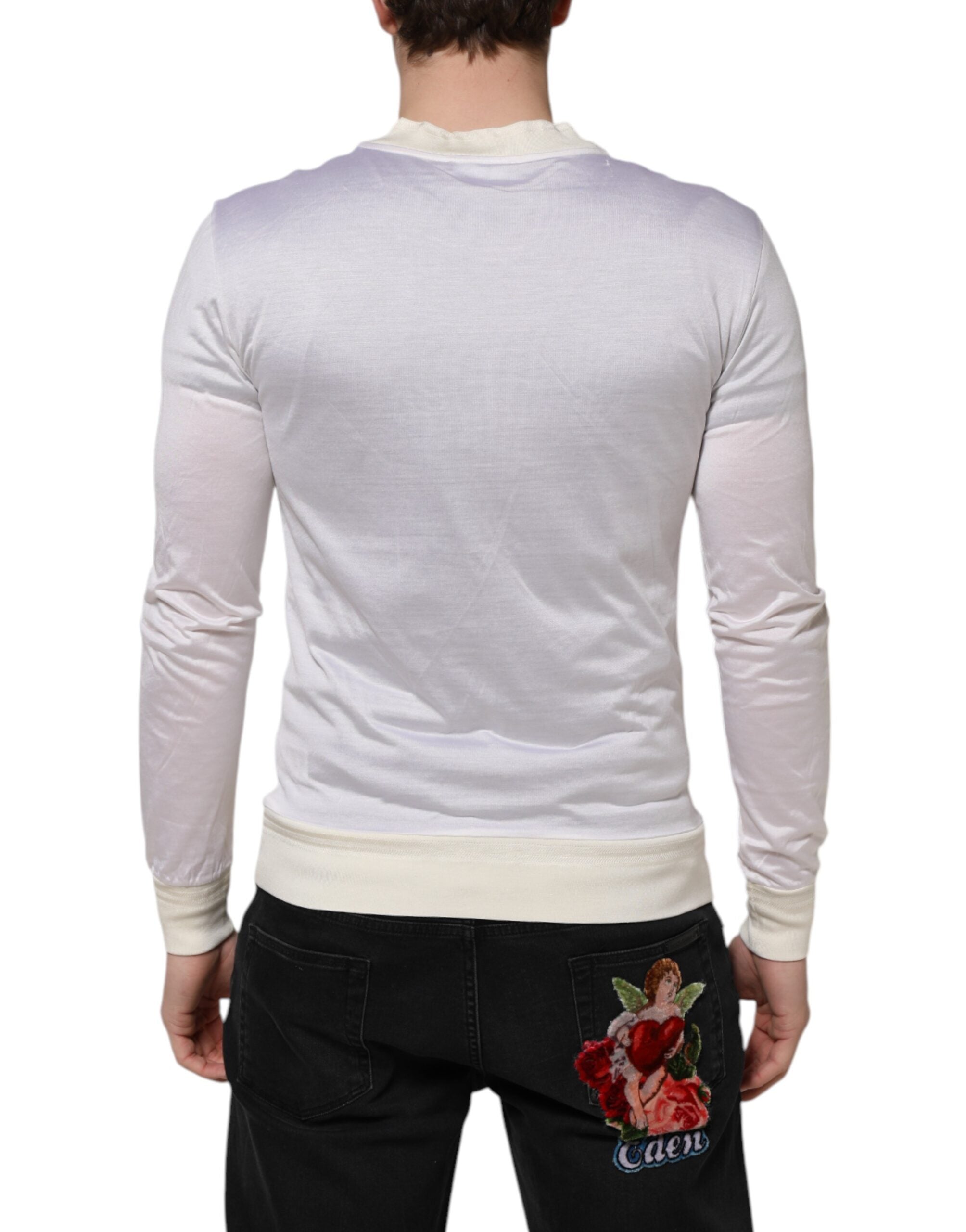 White Silk Crew Neck Long Sleeves T-shirt - ventzia