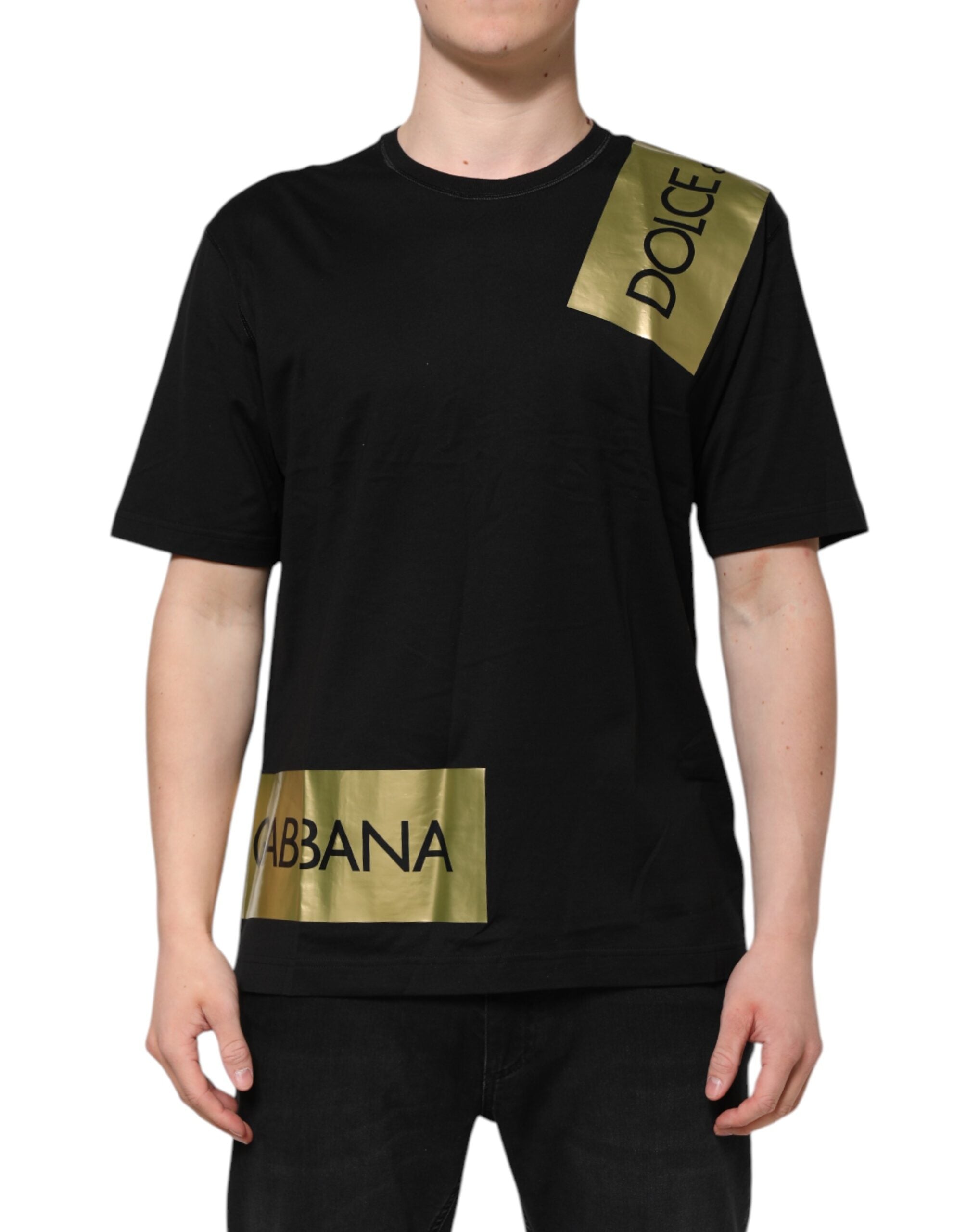 Black Logo Tape Cotton Men Crew Neck T-shirt - ventzia