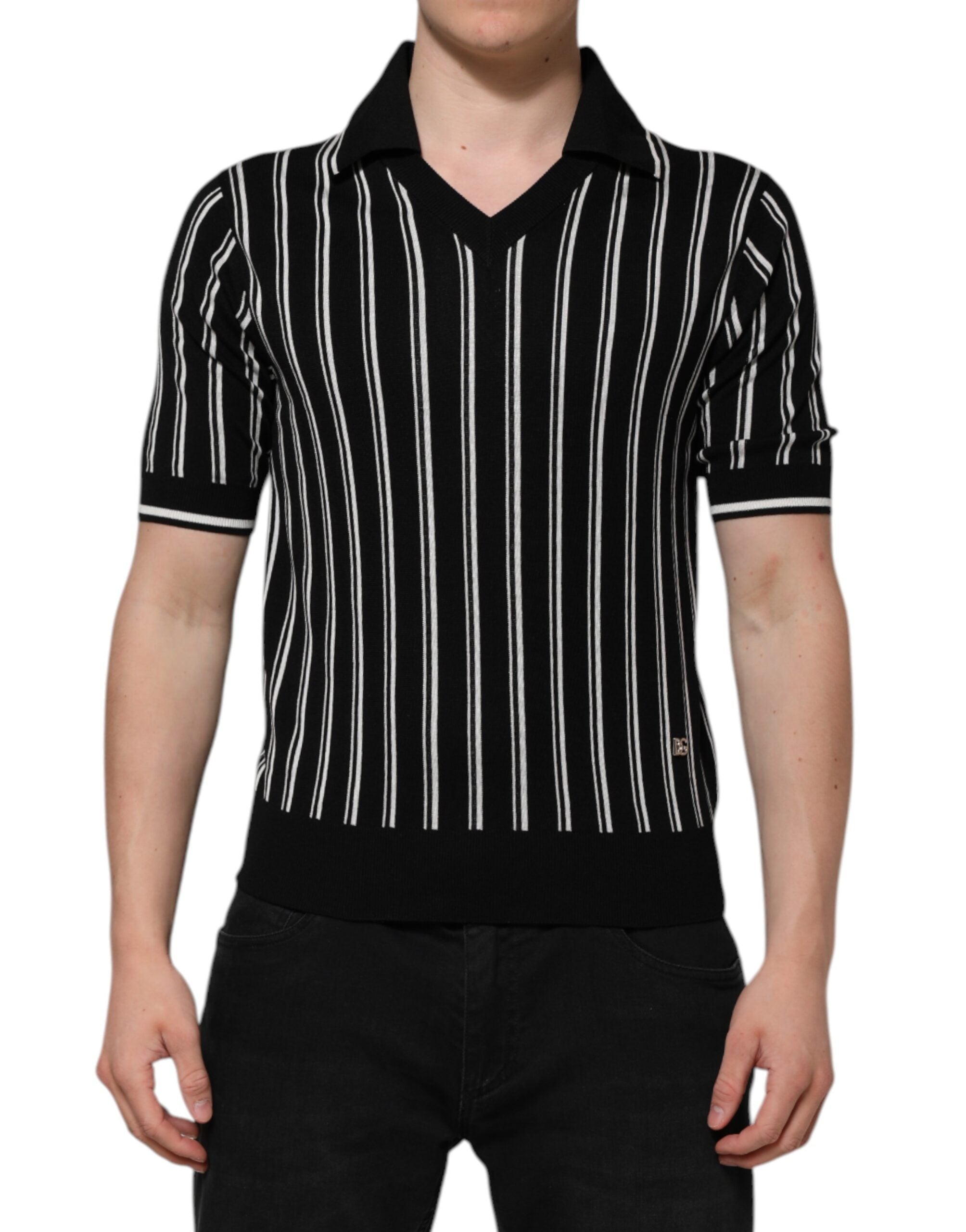 Black White Stripes Collared Polo T-shirt - ventzia