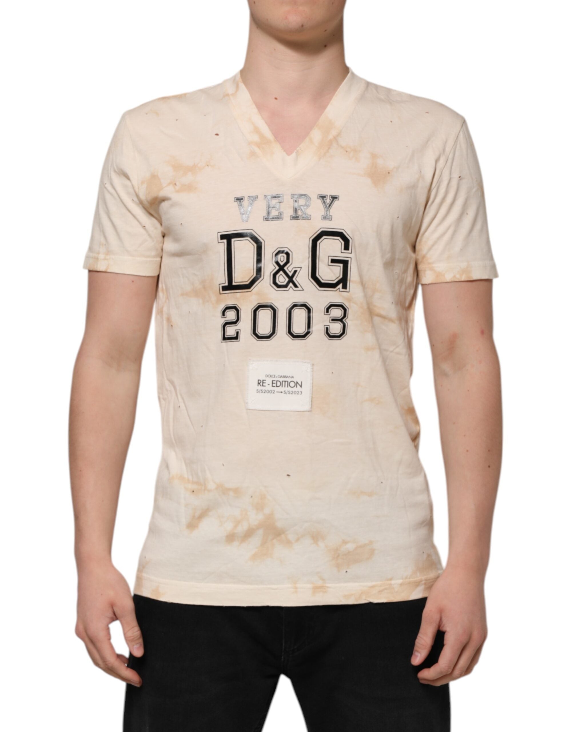 Beige Logo Print Short Sleeve V-neck T-shirt - ventzia