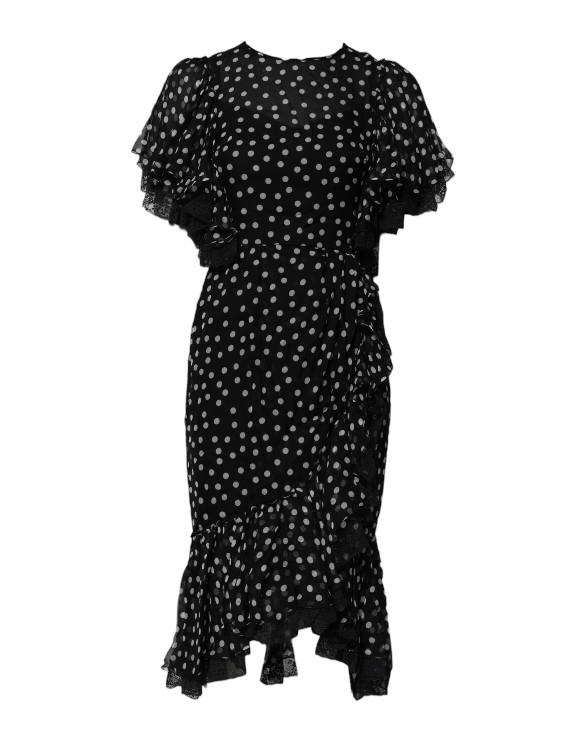 Black White Lace Polka Dot Chiffon Dress - ventzia