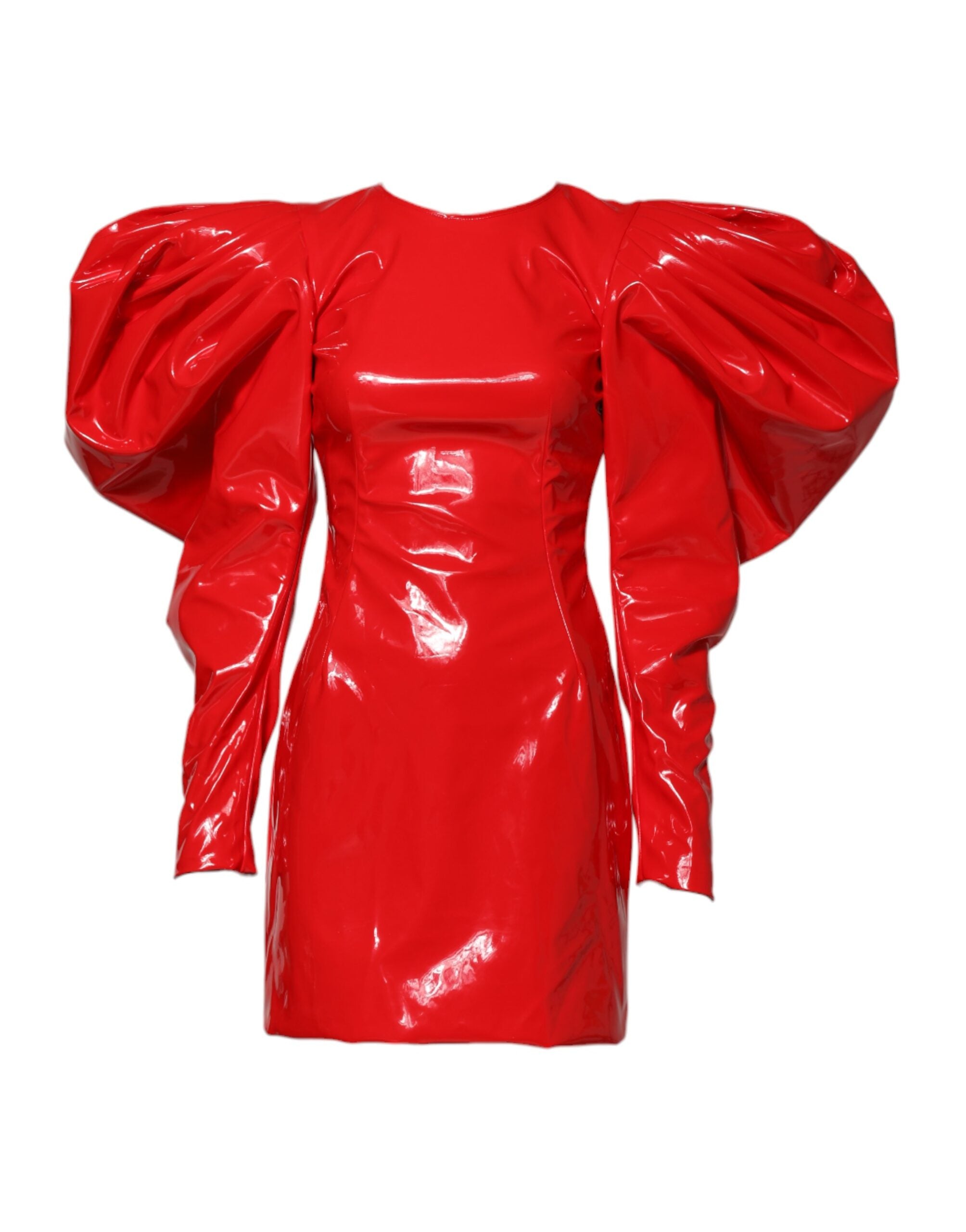 Red Patent Leather Puff Sleeves Mini Dress - ventzia