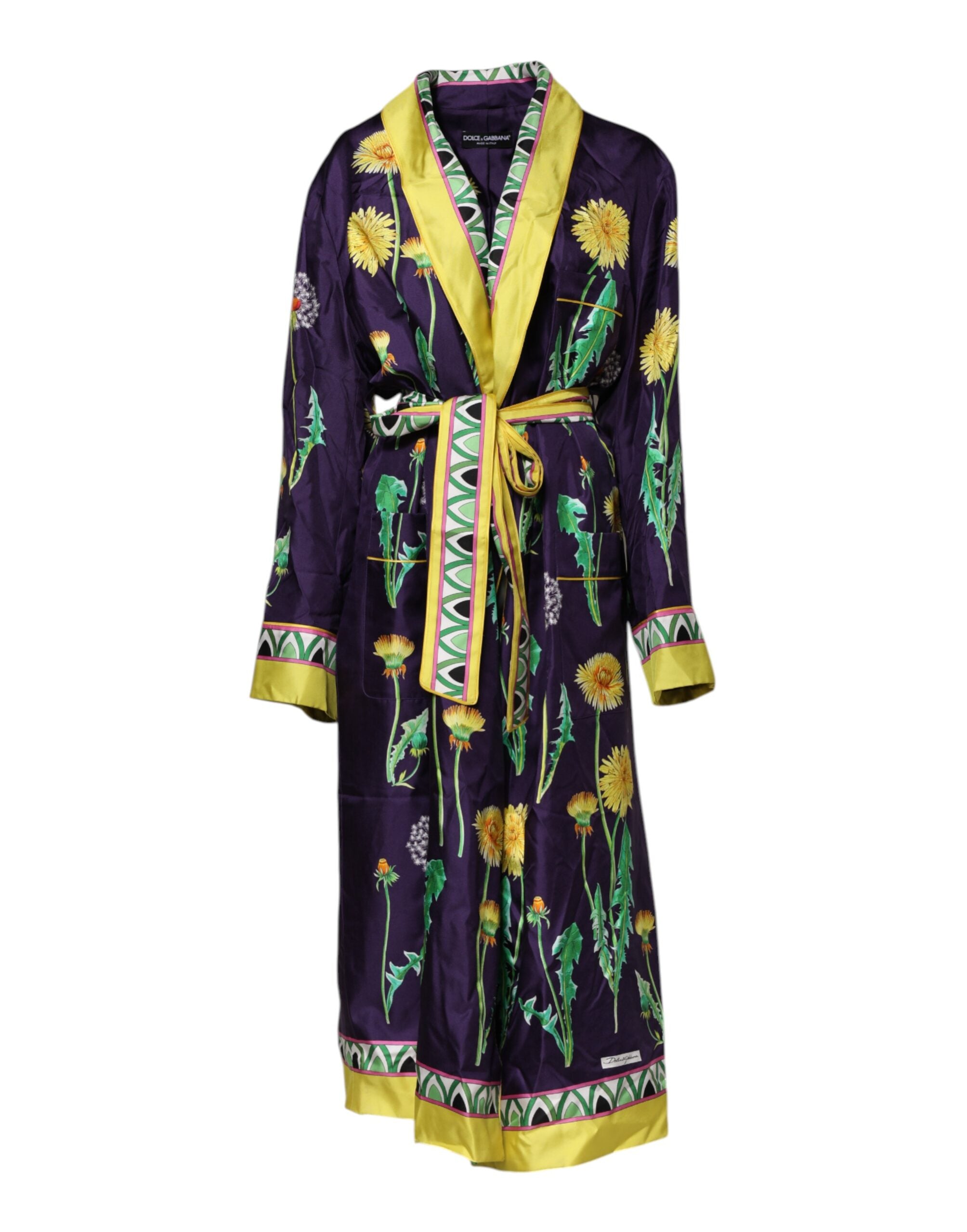 Blue Floral Print Silk Long Sleeves Wrap Robe - ventzia