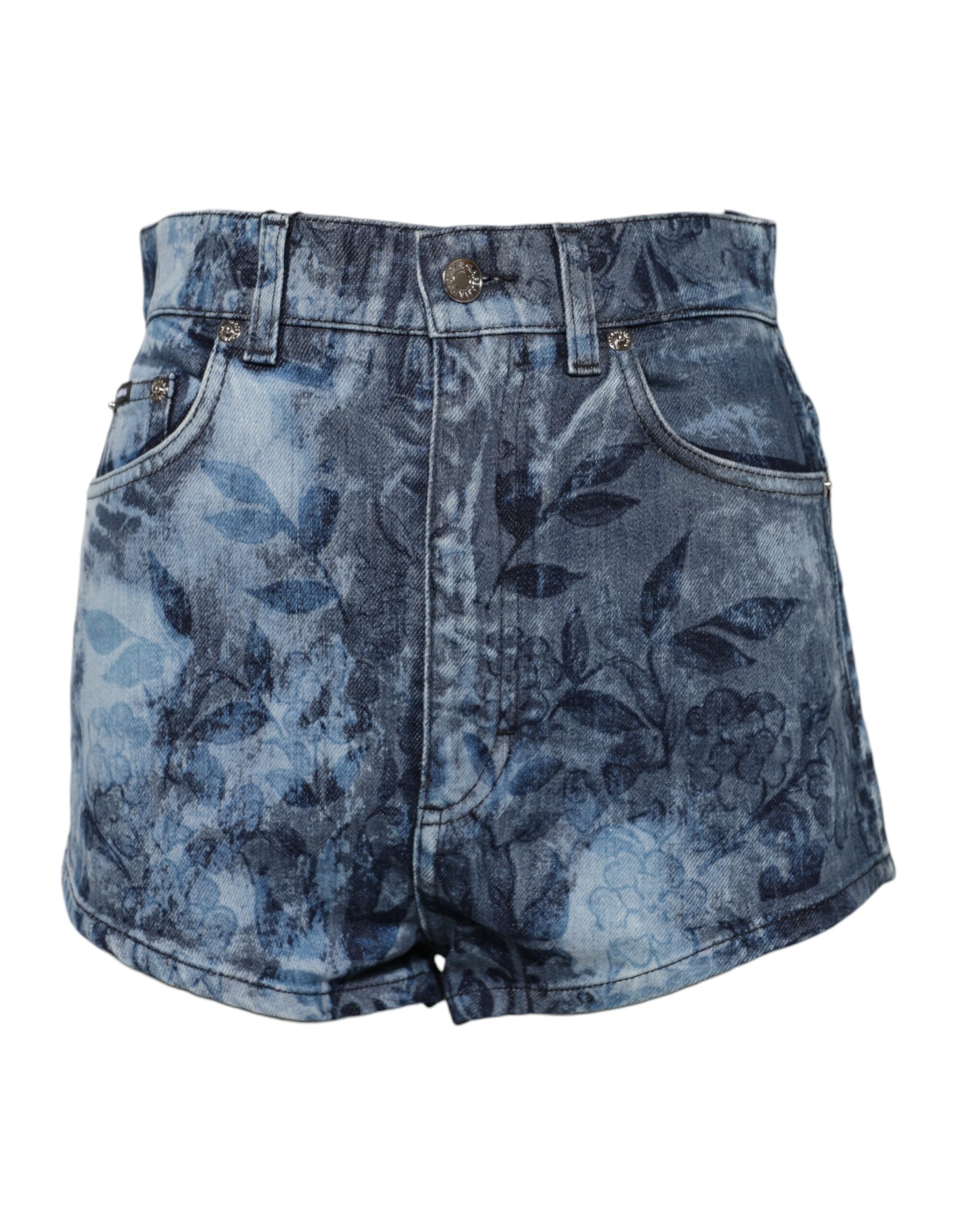 Blue Floral Print Denim Cotton Hot Pants Shorts - ventzia