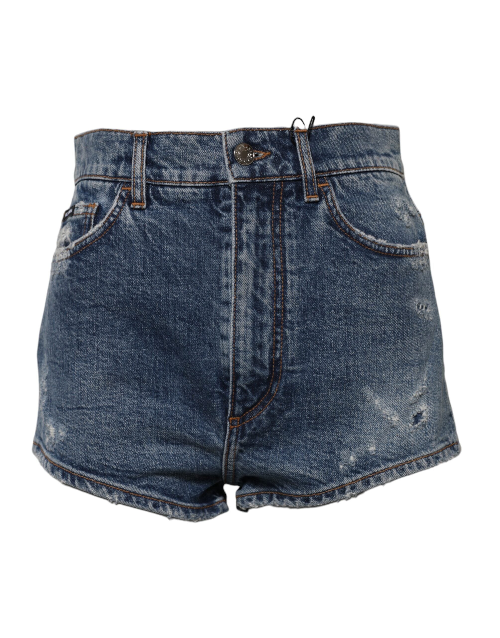 Blue Tattered Denim Cotton Hot Pants Shorts - ventzia