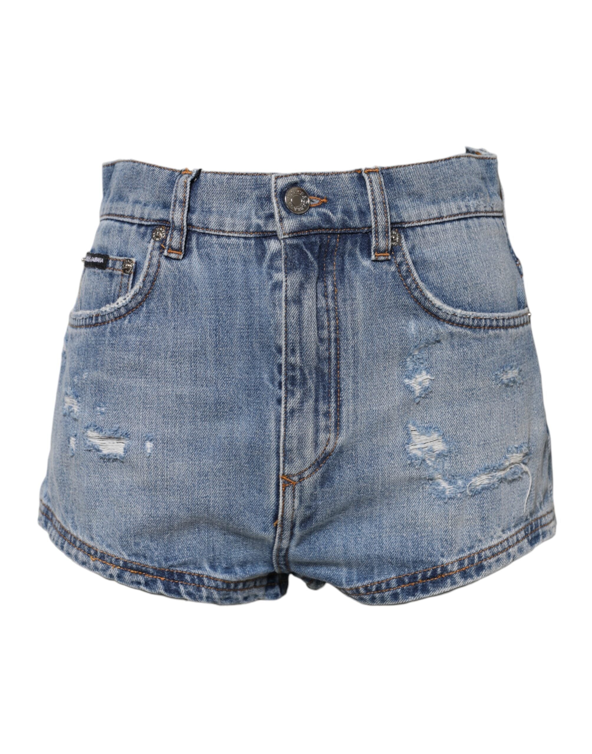 Blue Logo Plaque Denim Cotton Hot Pants Shorts - ventzia