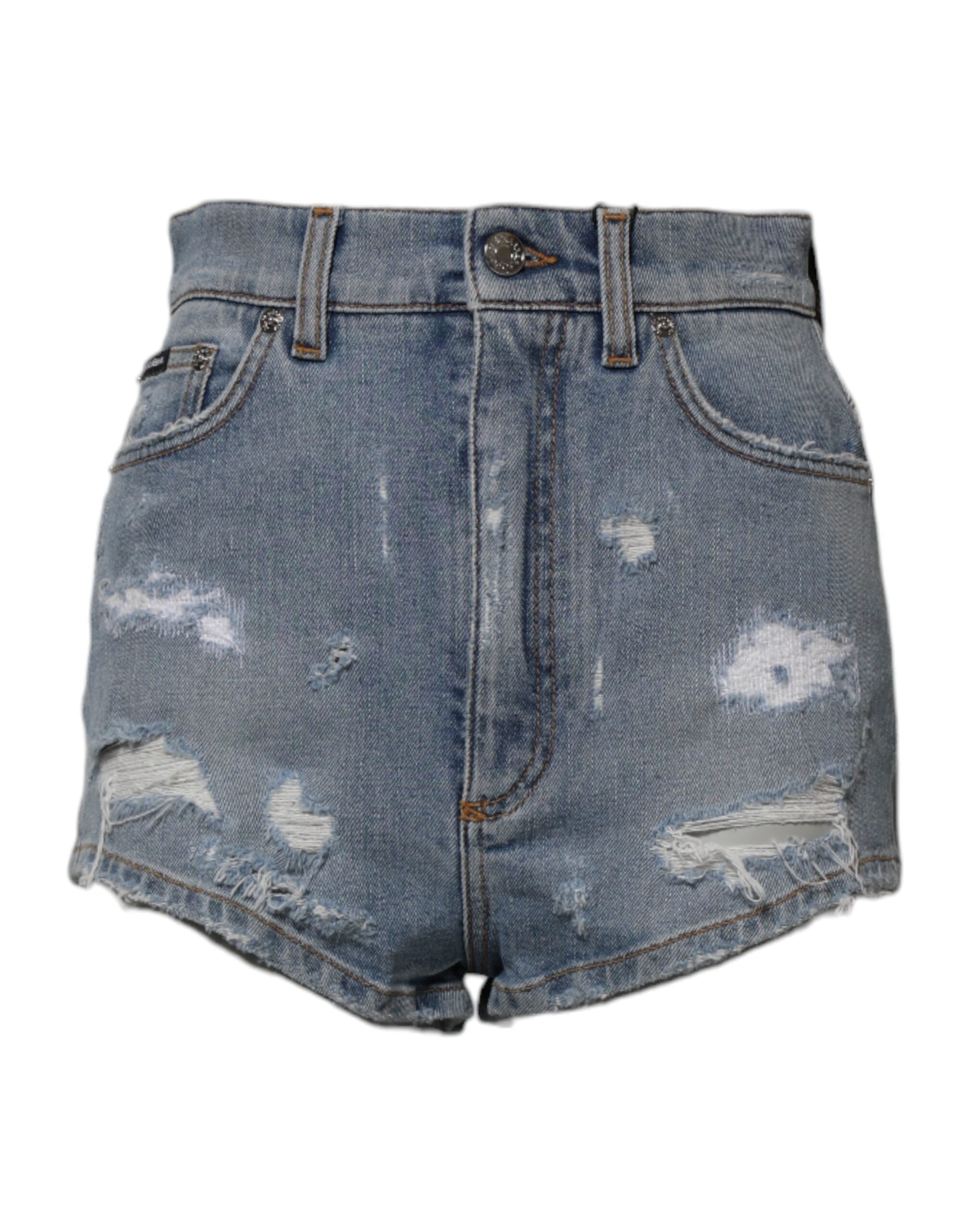 Blue Tattered Denim Cotton Hot Pants Shorts - ventzia