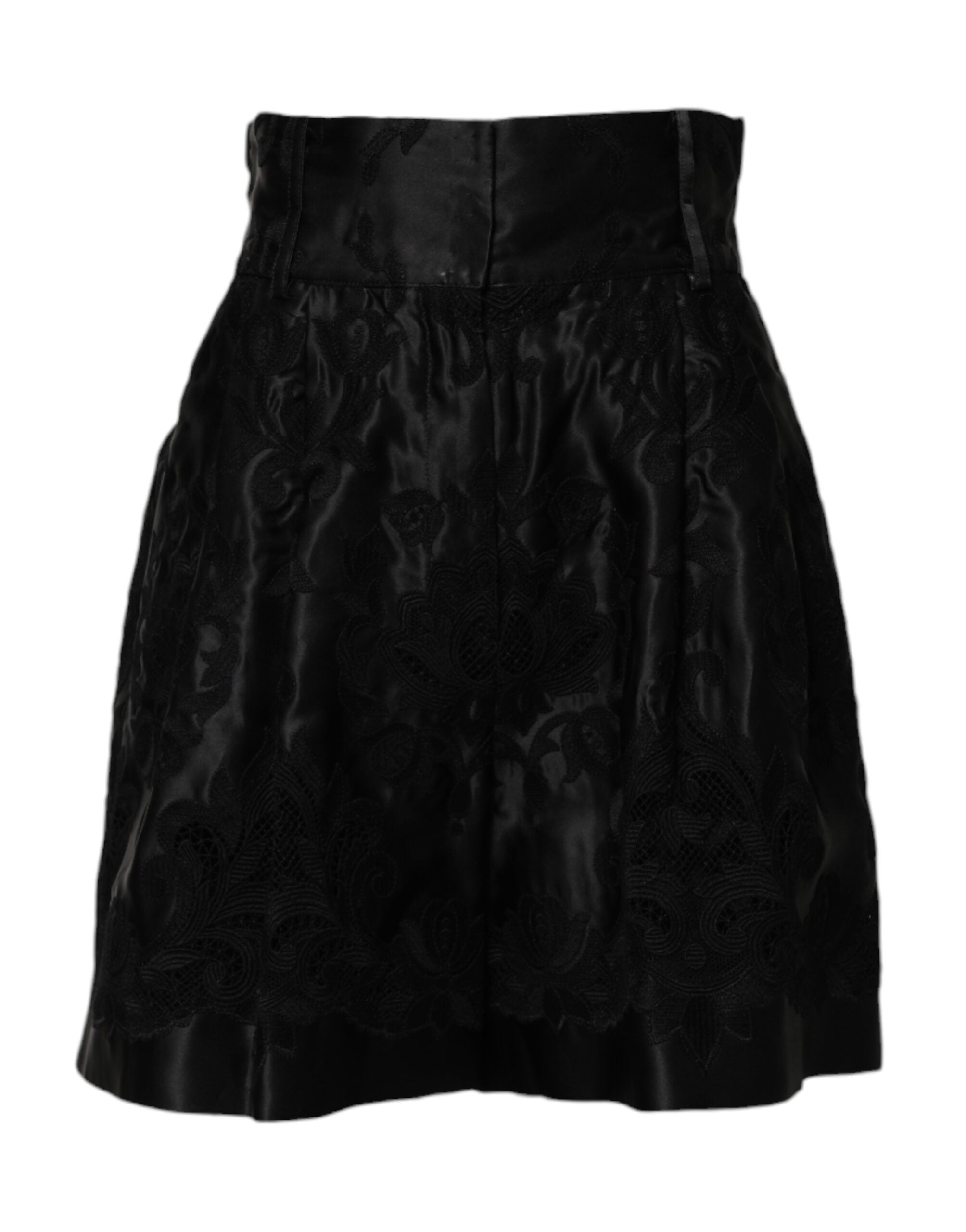 Black Floral Embroidery Silk High Waist Shorts - ventzia