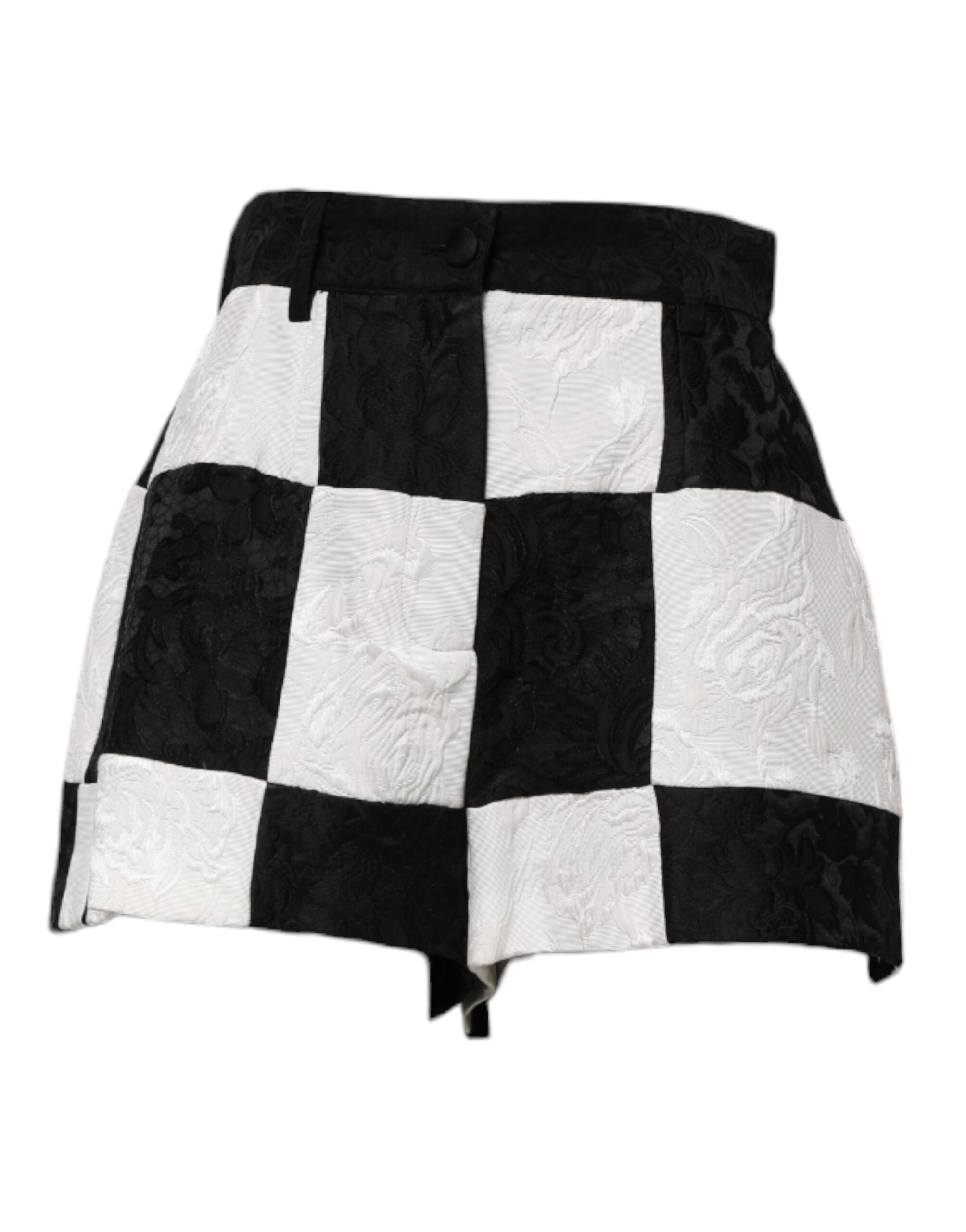 Black White Floral Brocade Hot Pants Shorts - ventzia