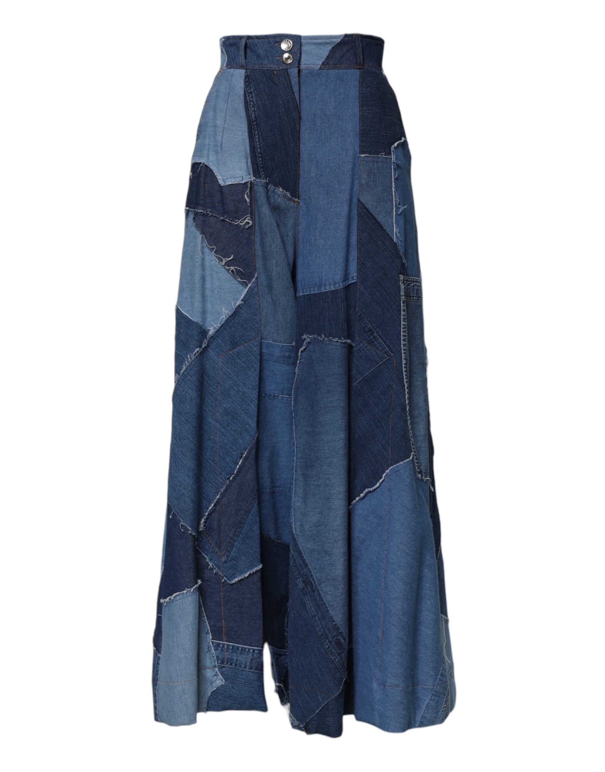 Blue Denim Long Maxi Patchwork Cotton Skirt - ventzia