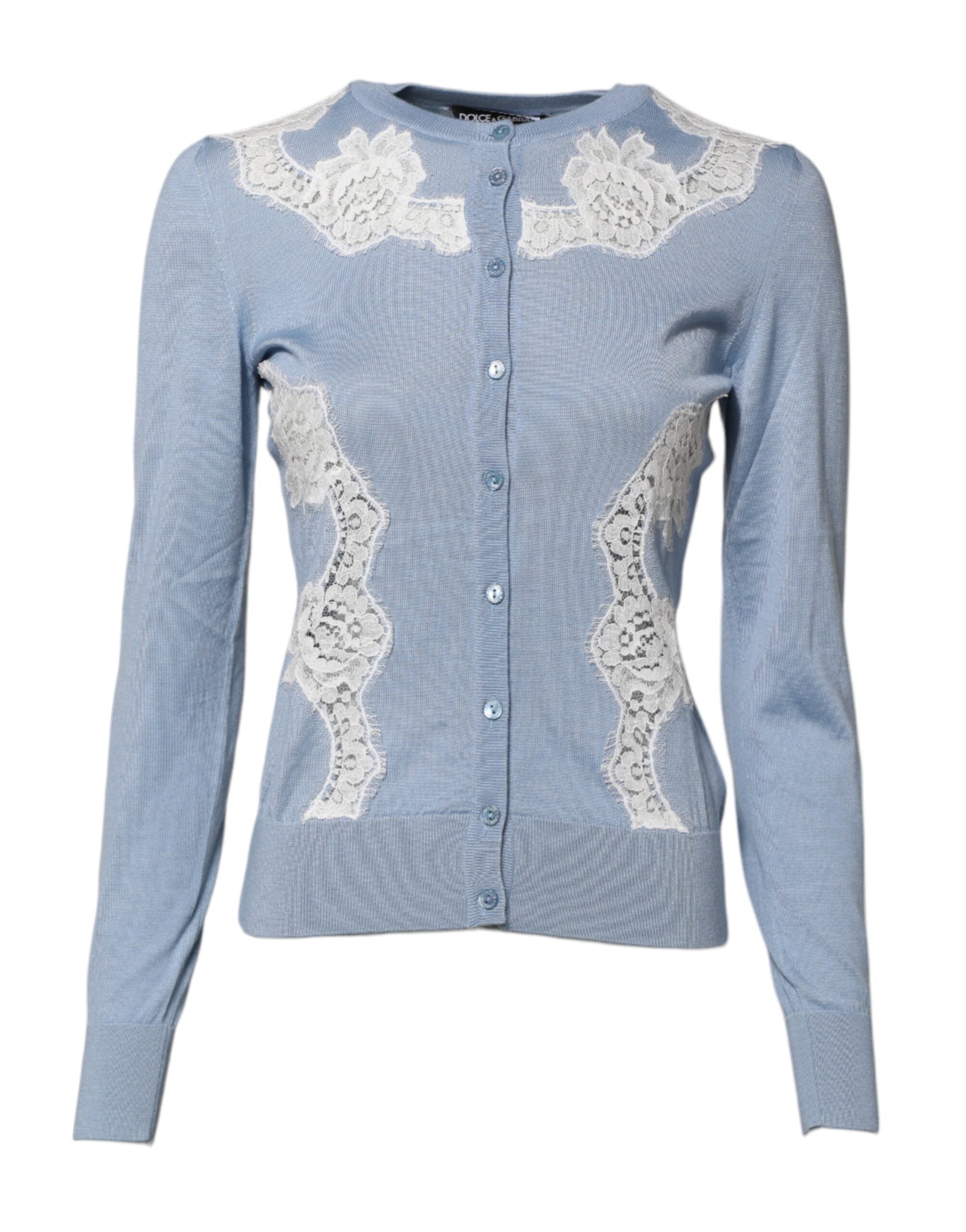 Blue Floral Lace Detailing Cardigan Sweater - ventzia