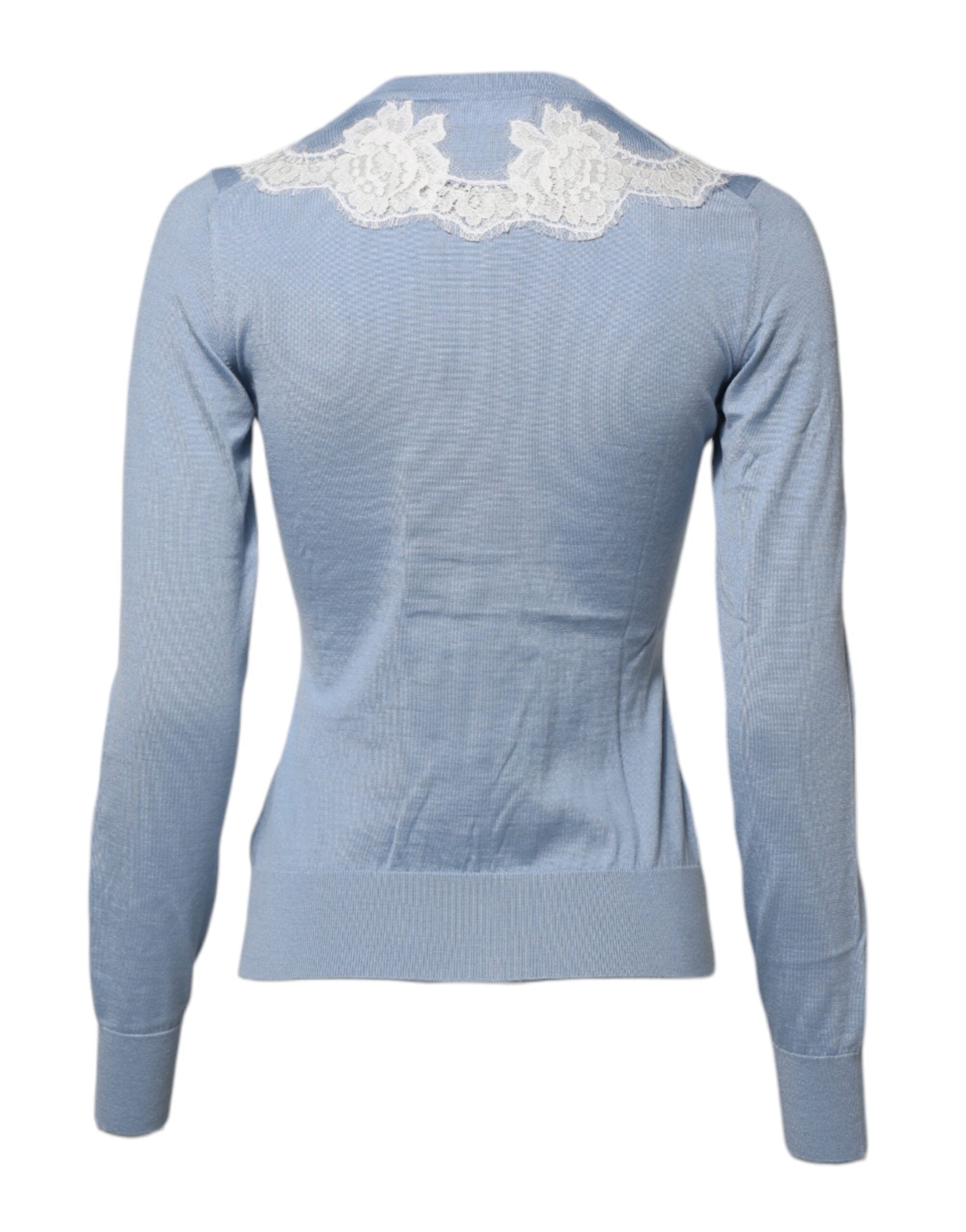 Blue Floral Lace Detailing Cardigan Sweater - ventzia