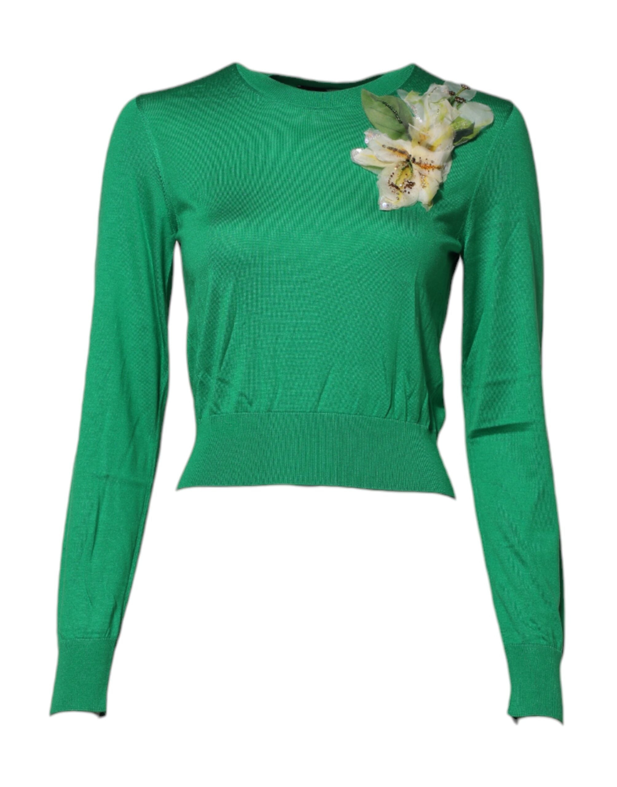 Green Floral Detailing Silk Pullover Sweater - ventzia