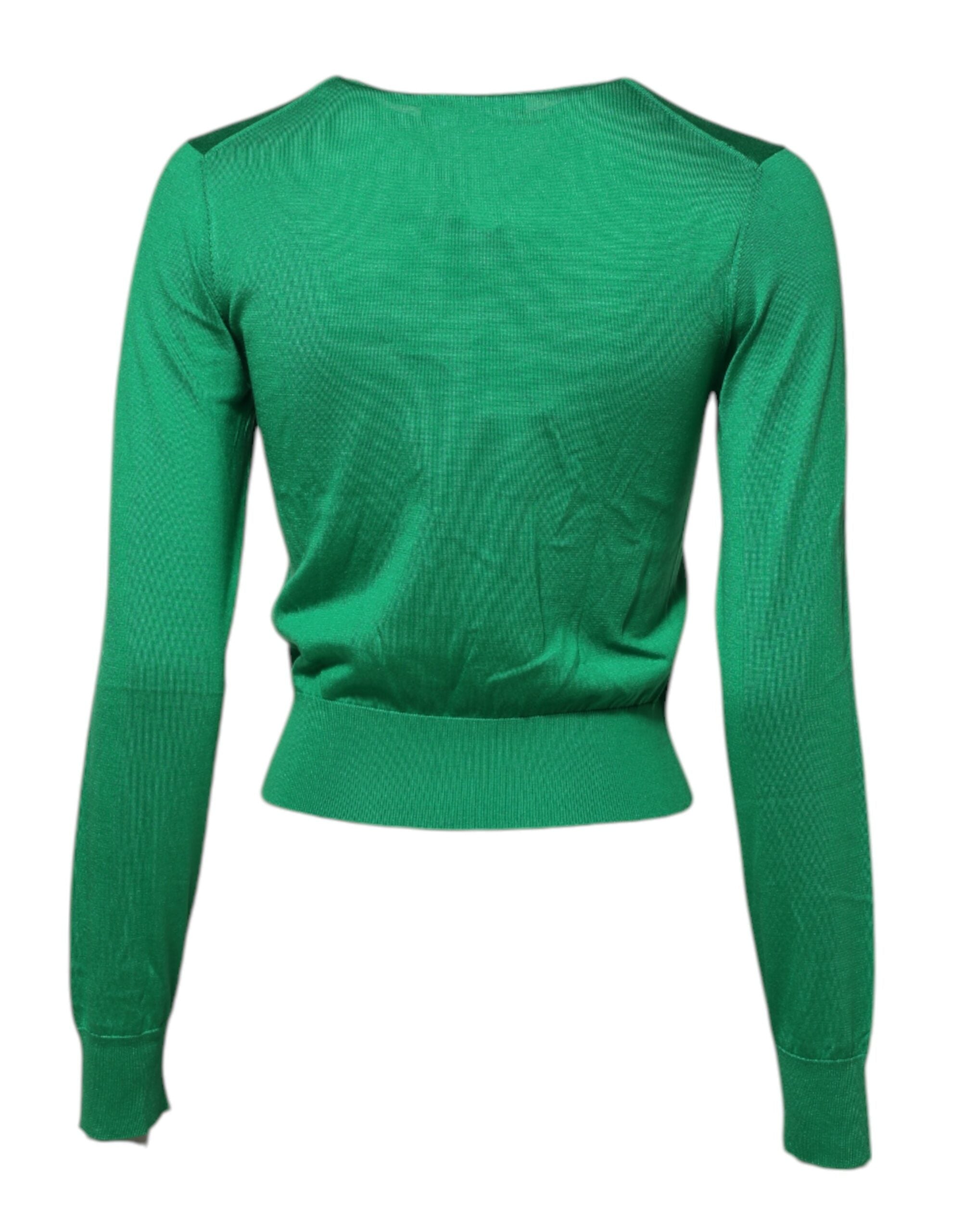 Green Floral Detailing Silk Pullover Sweater - ventzia