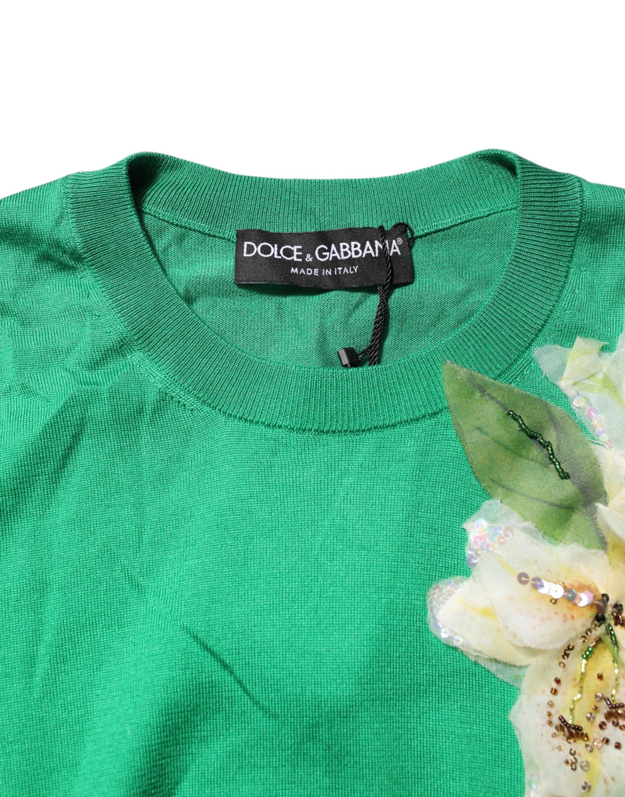Green Floral Detailing Silk Pullover Sweater - ventzia