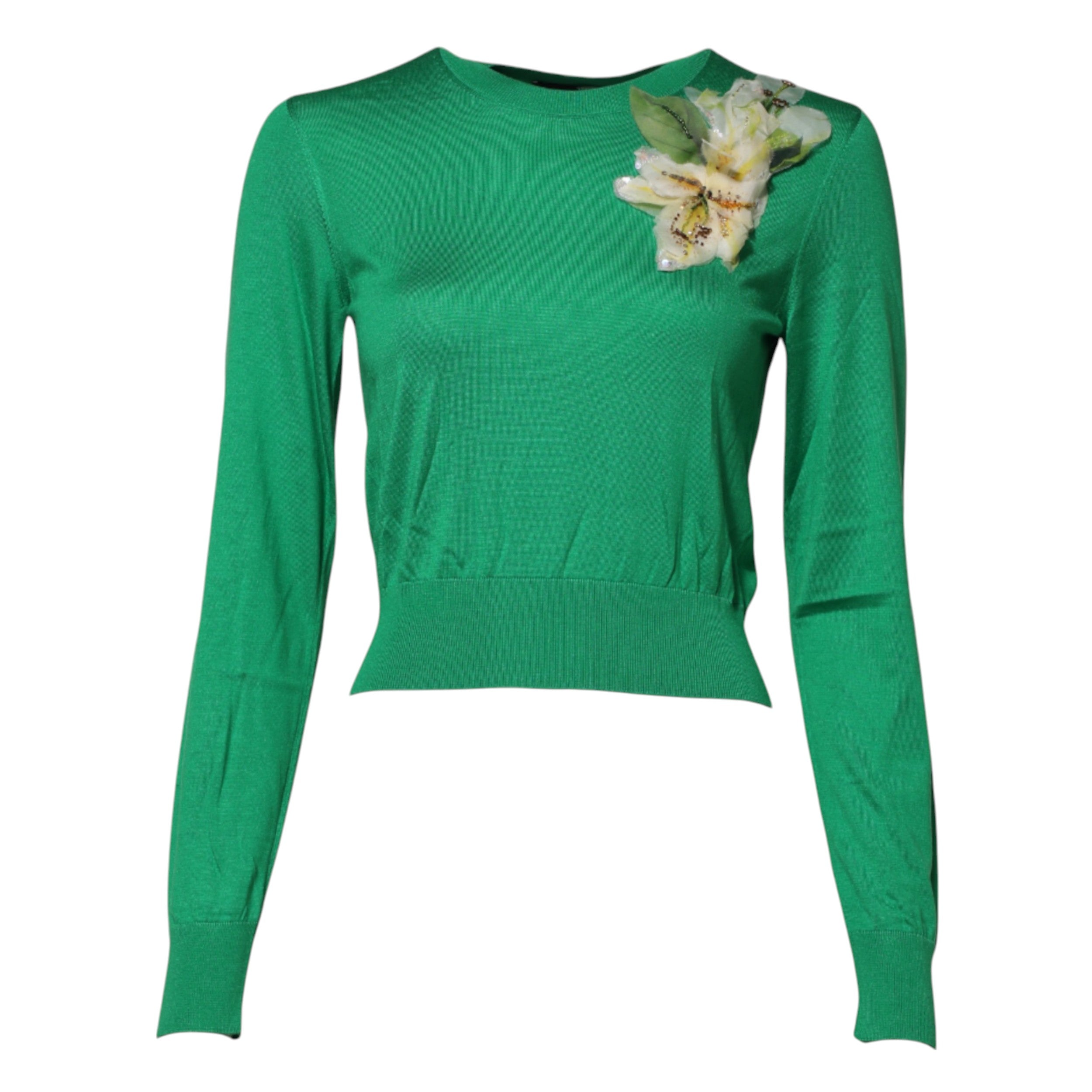 Green Floral Detailing Silk Pullover Sweater - ventzia