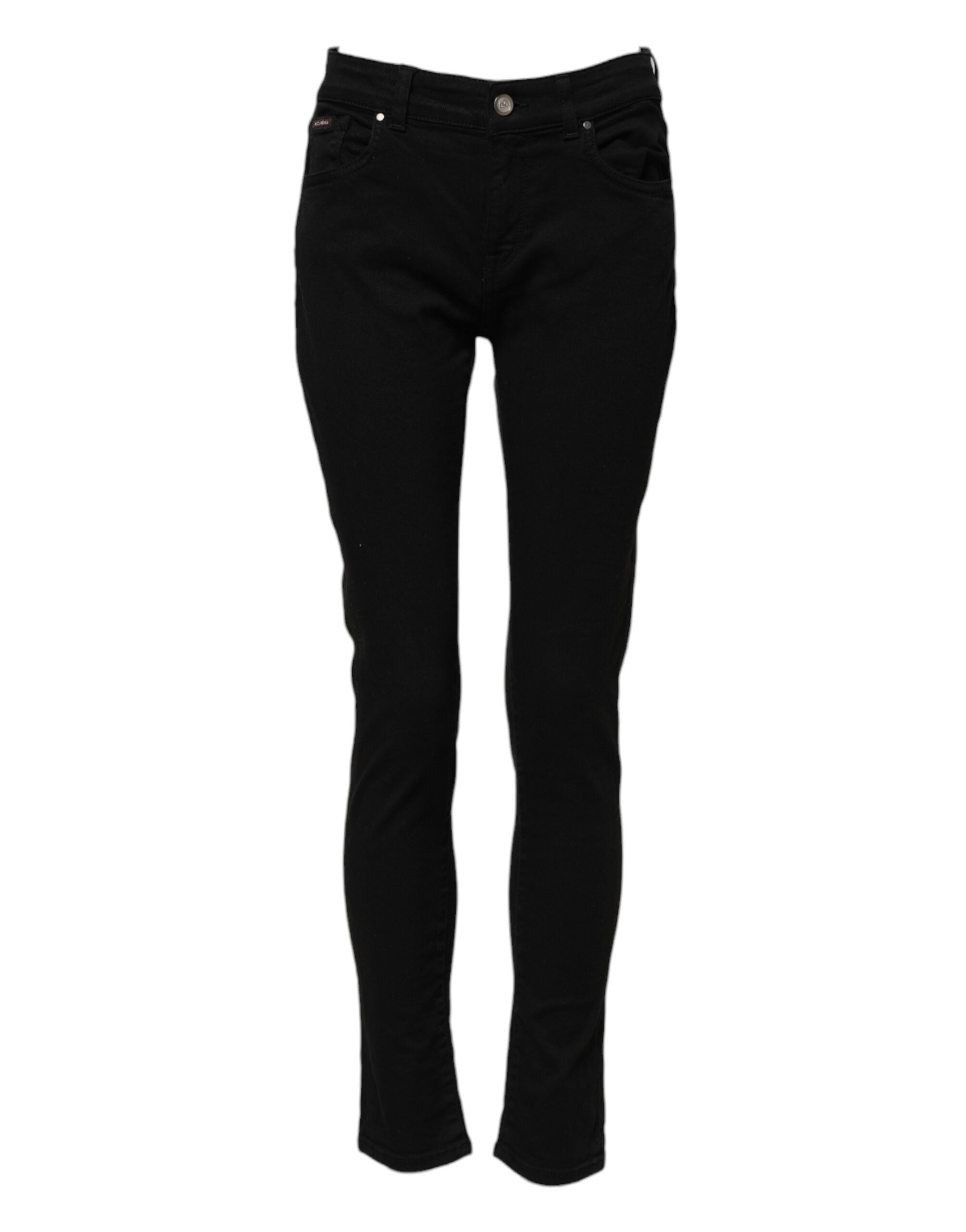 Black Cotton Logo Skinny Mid Waist Denim Jeans - ventzia