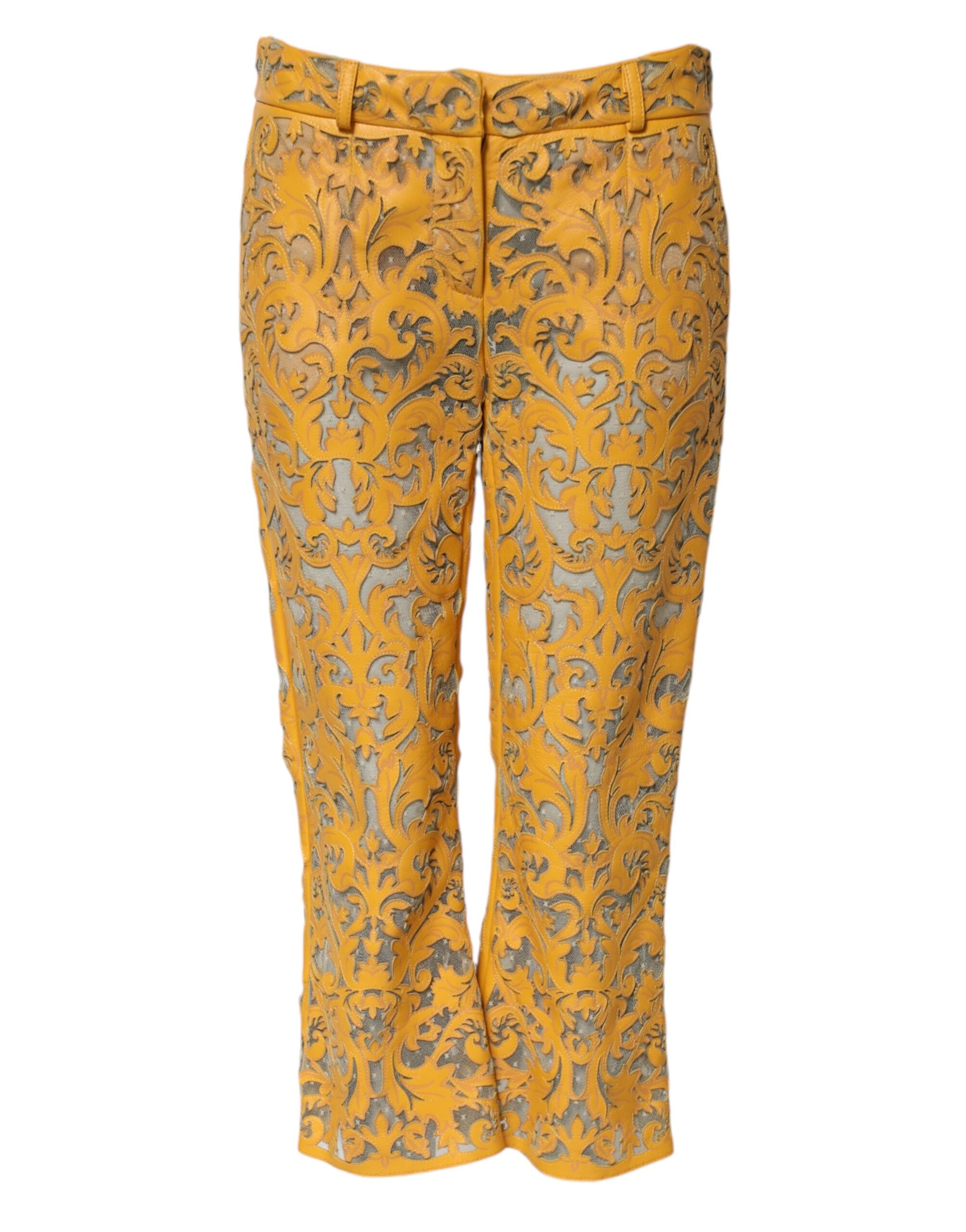 Yellow Floral Lace Mid Waist Capri Pants - ventzia