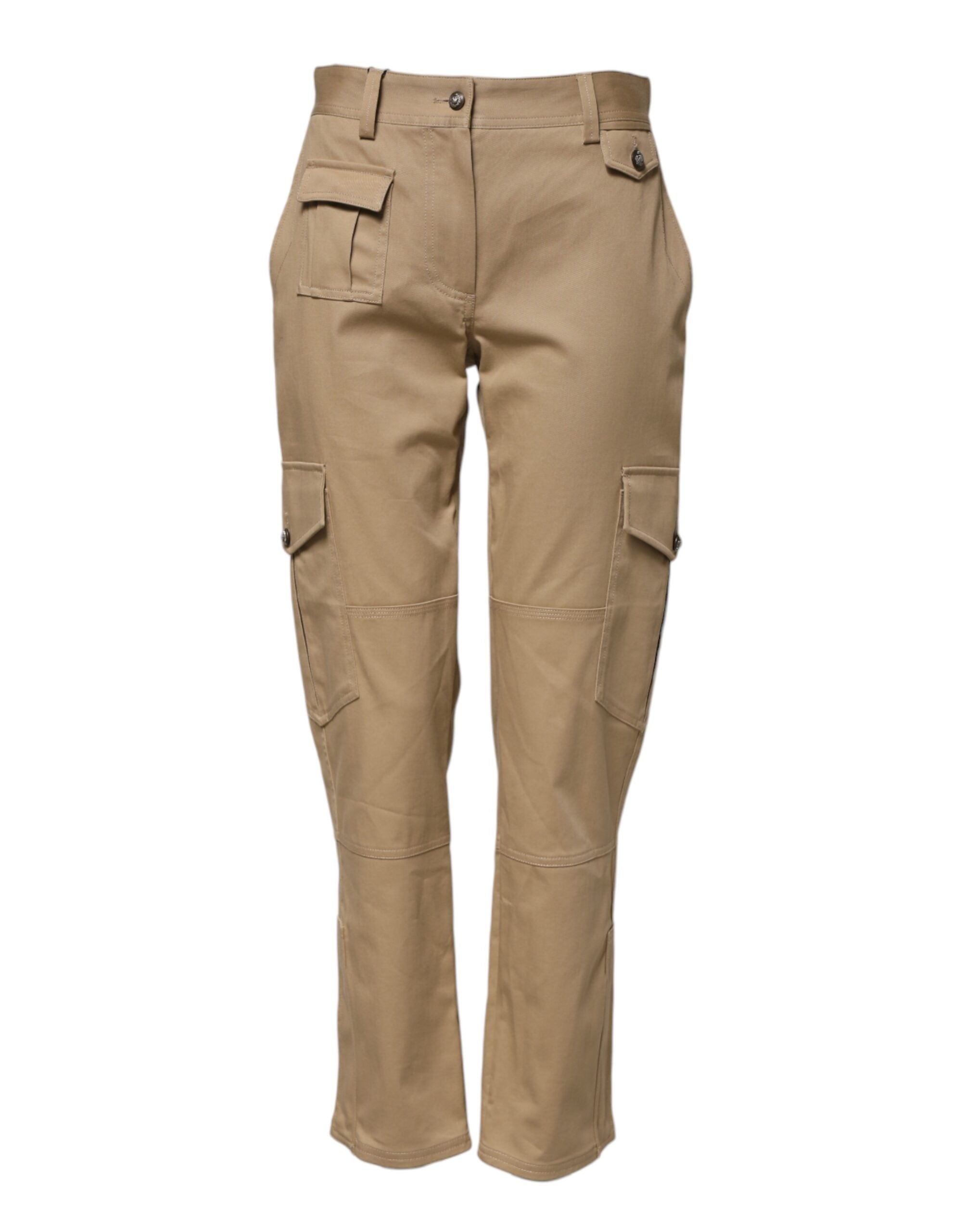 Beige Mid Waist Cargo Tapered Pants - ventzia
