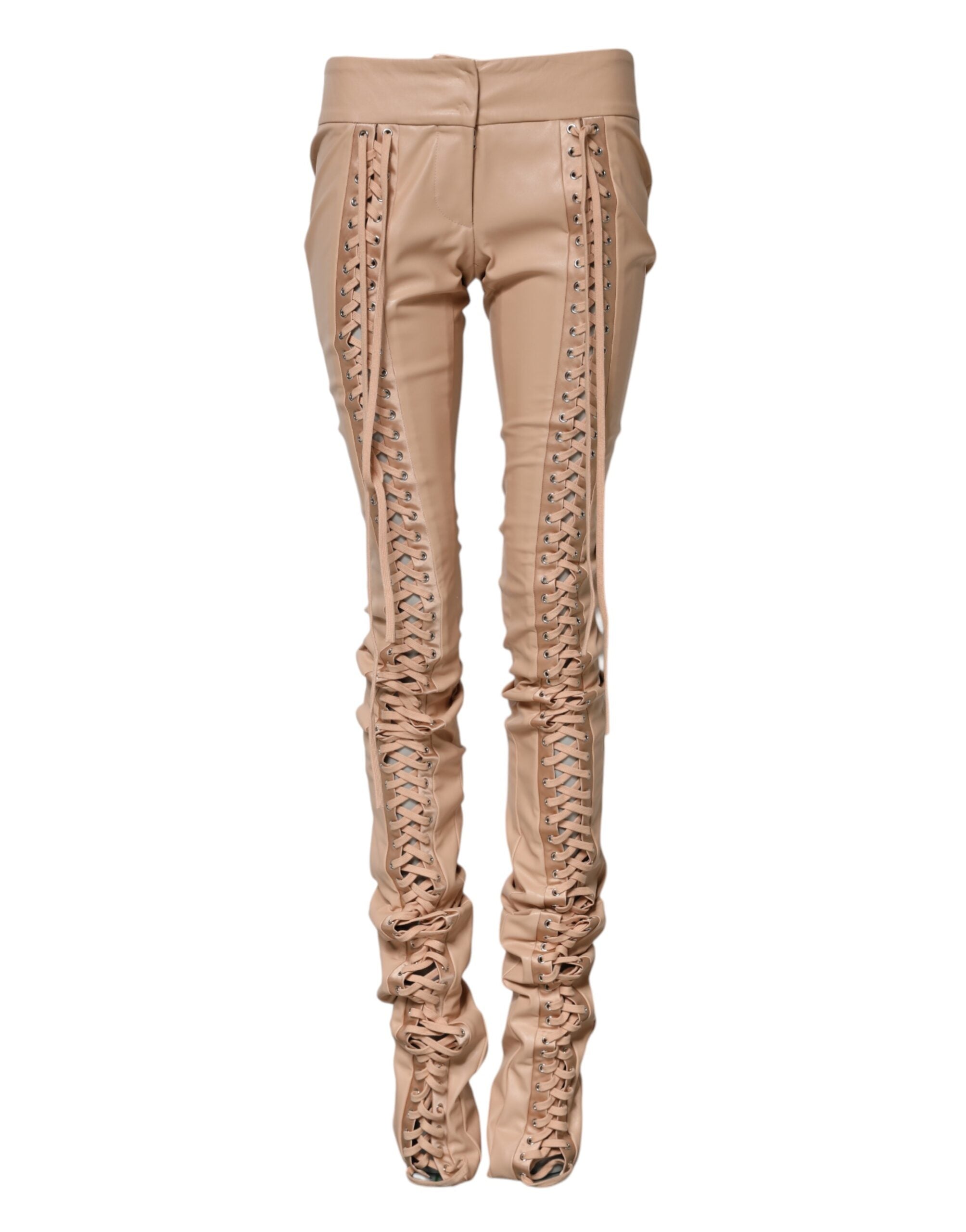Beige Lace Details Mid Waist Skinny Pants - ventzia