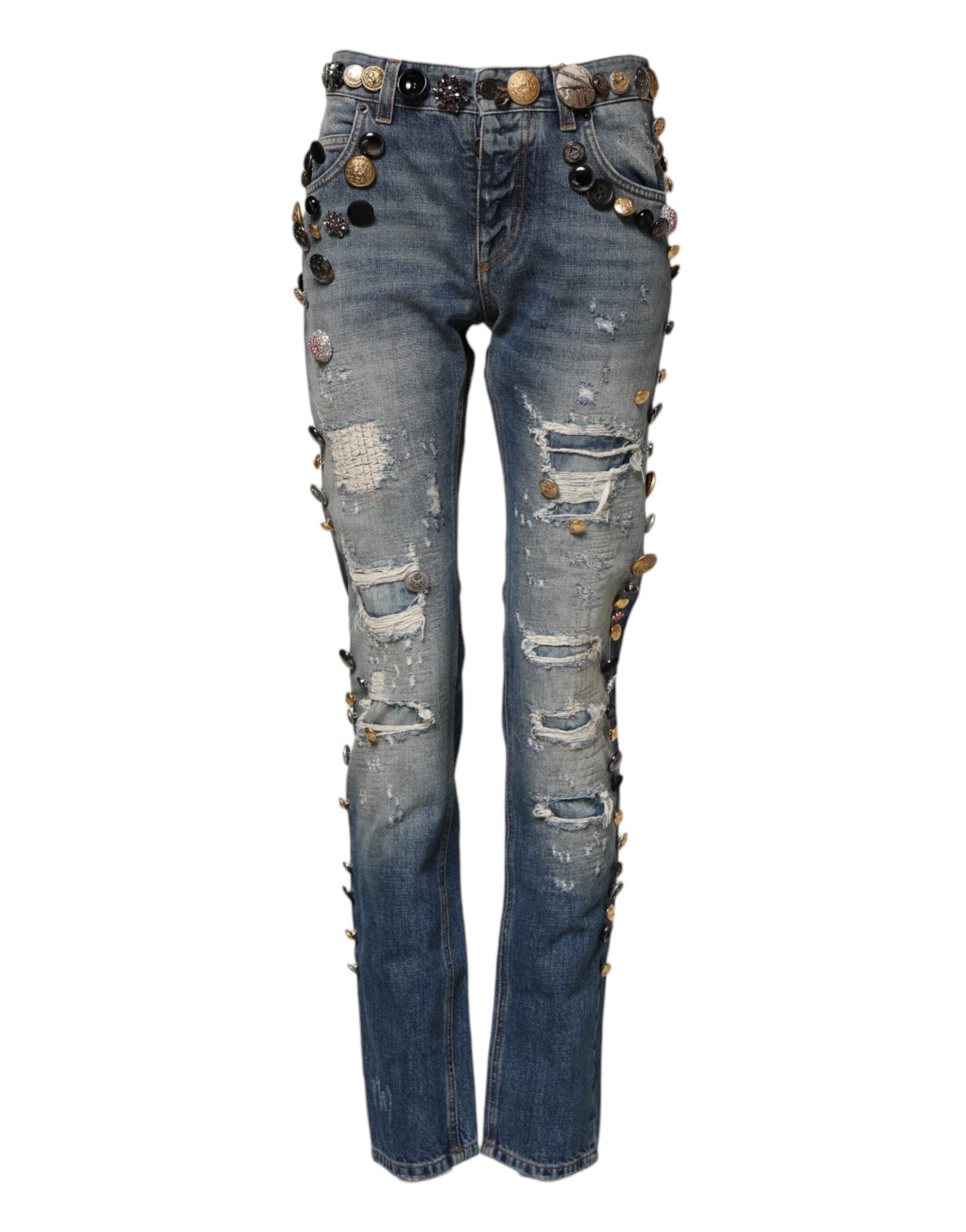 Blue Embellished Tattered SkinnyDenim Jeans - ventzia