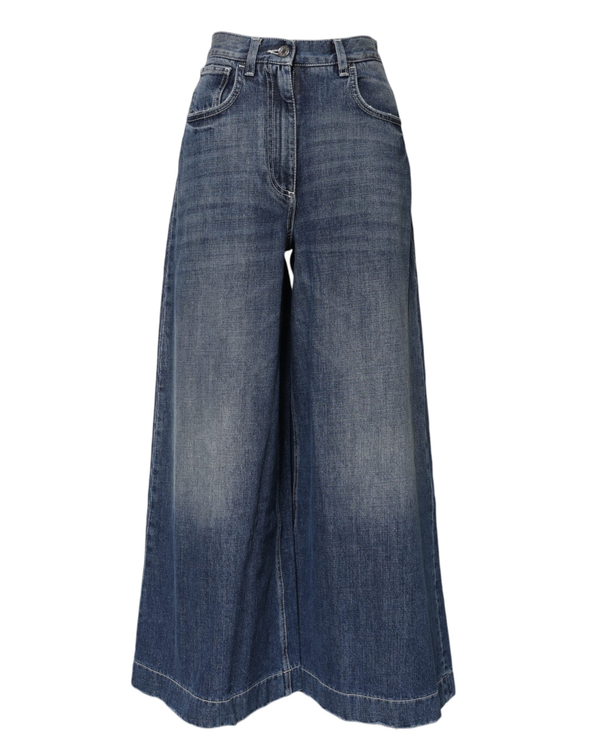 Blue Cotton High Waist Wide Leg Denim Jeans - ventzia