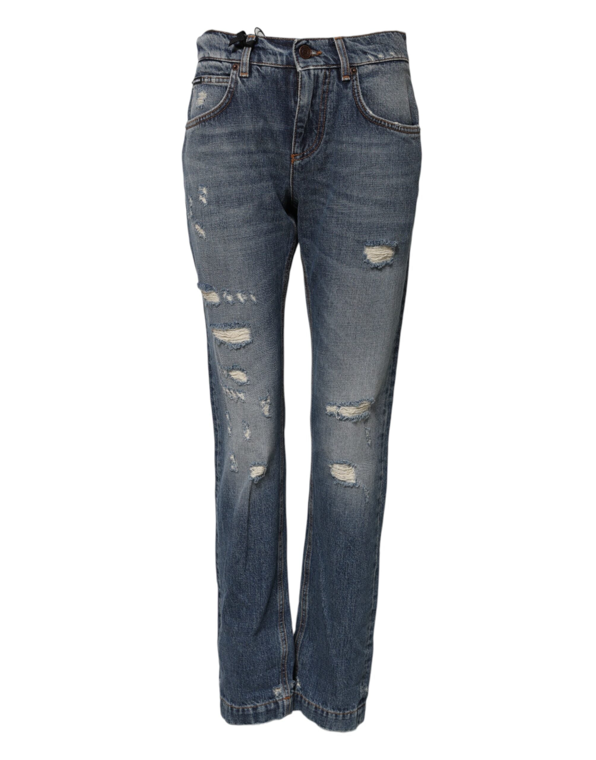 Blue Cotton Tattered Mid Waist Denim Jeans - ventzia