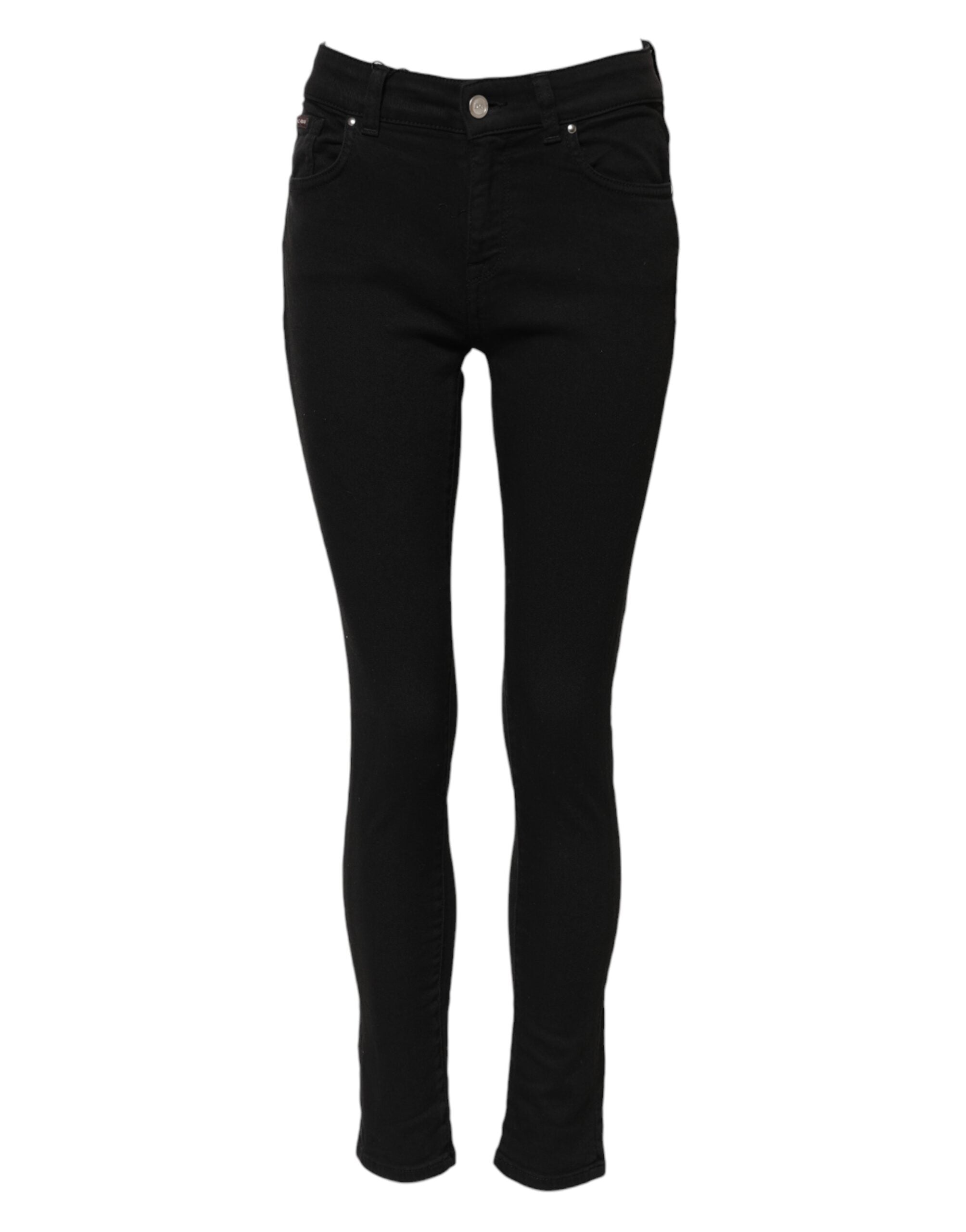 Black Cotton Logo Skinny MidWaist Denim Jeans - ventzia