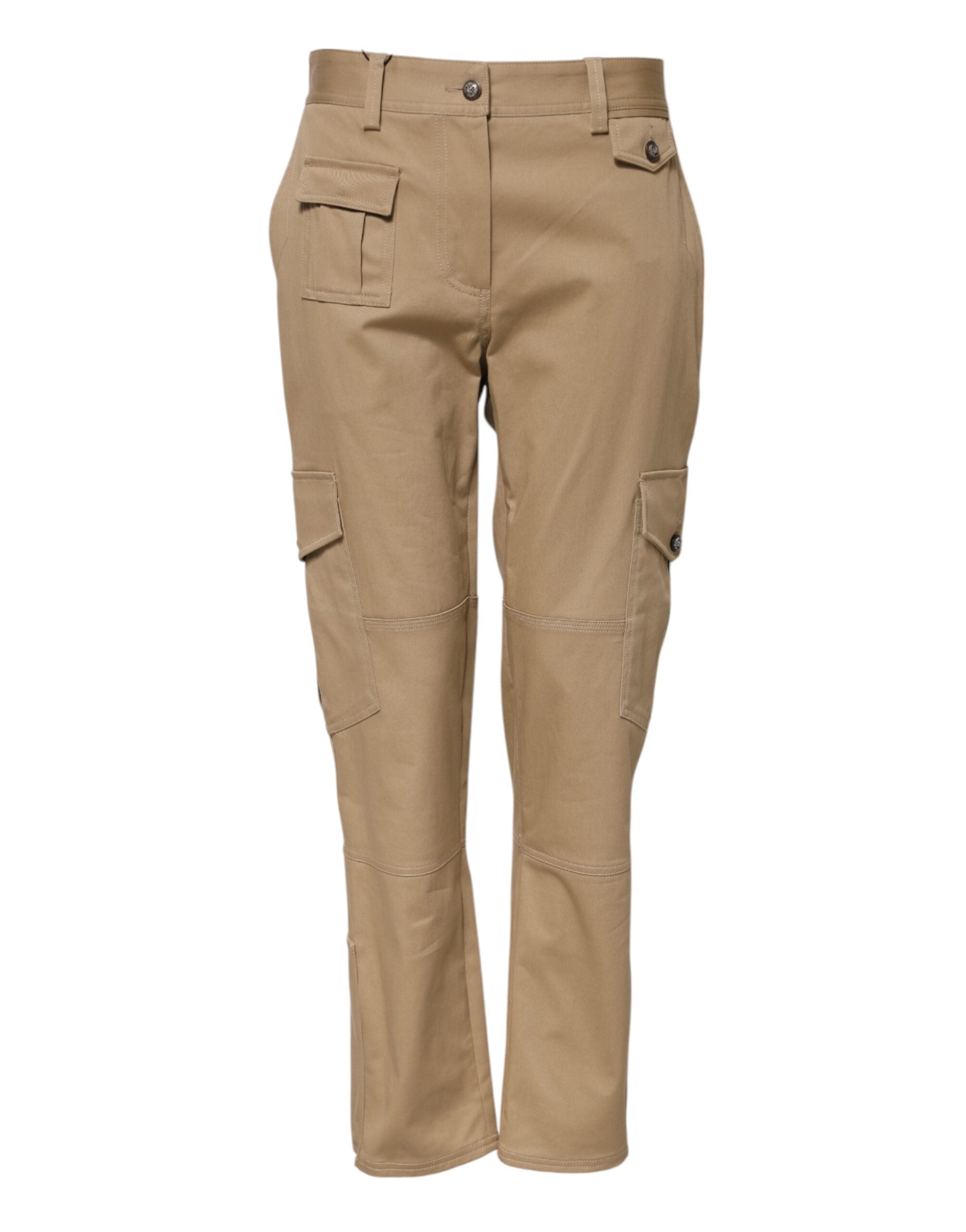Beige Mid Waist Cargo Tapered Pants - ventzia