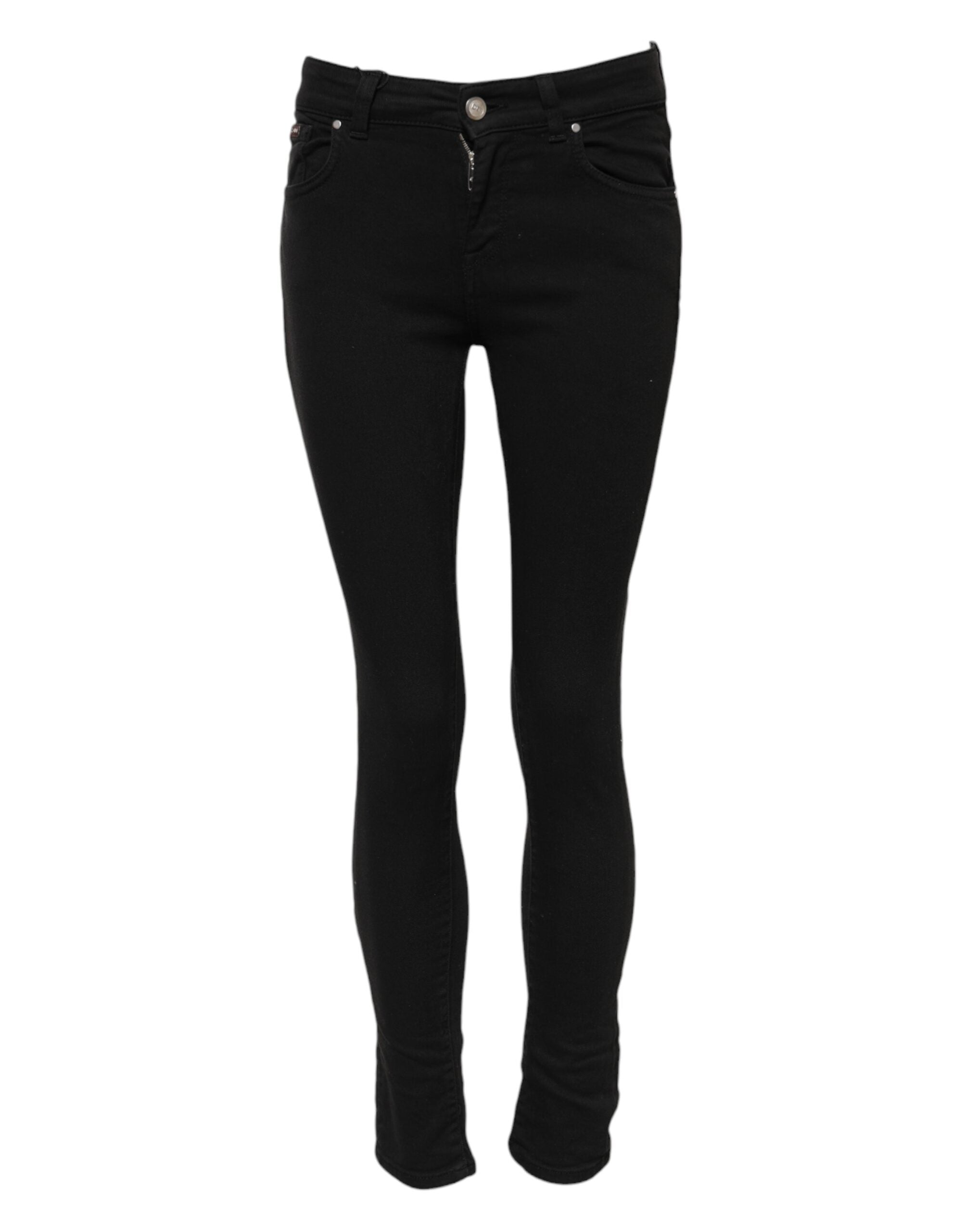 Black Cotton Skinny Mid Waist Denim Jeans - ventzia