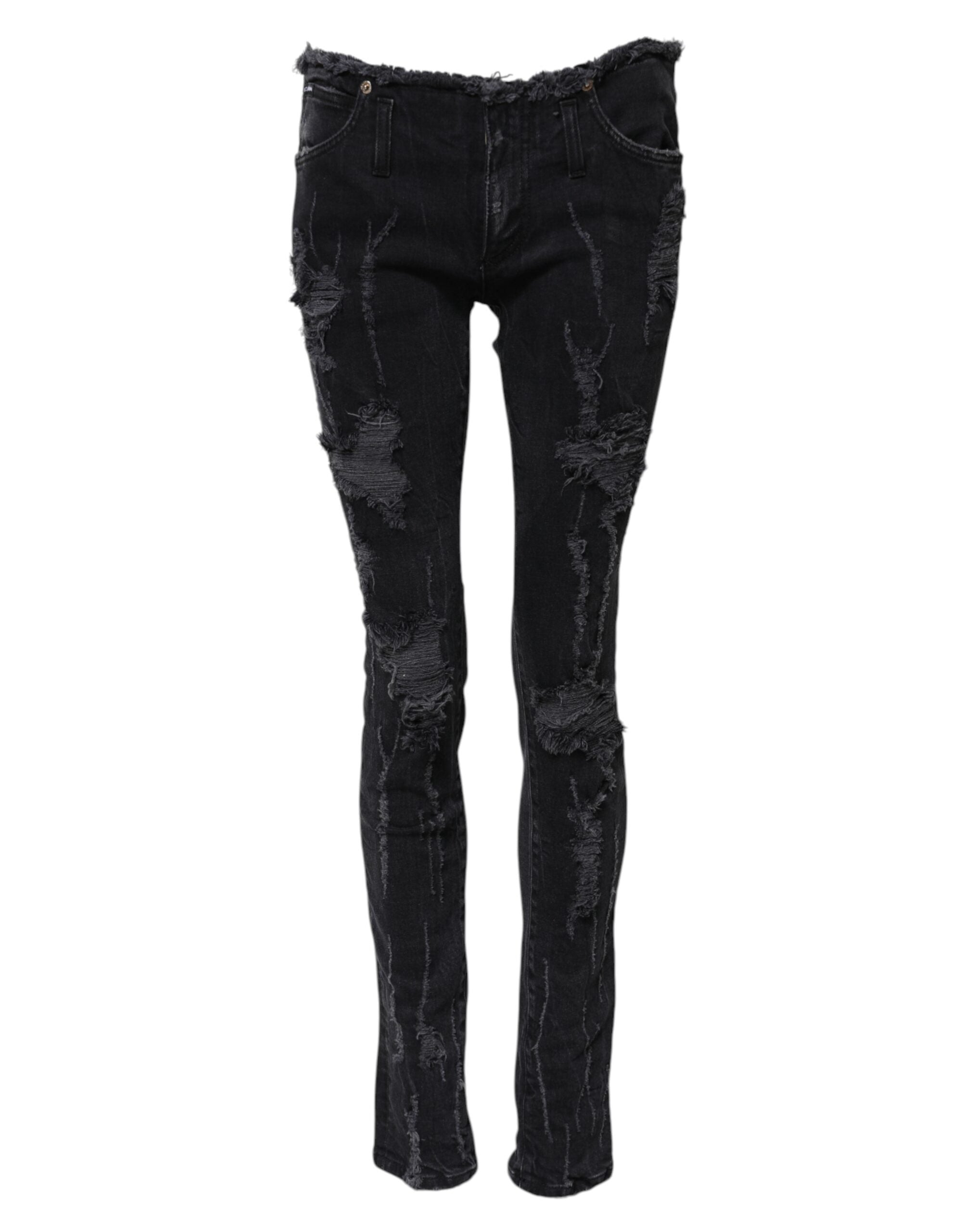 Black Cotton Tattered Skinny Denim Jeans - ventzia