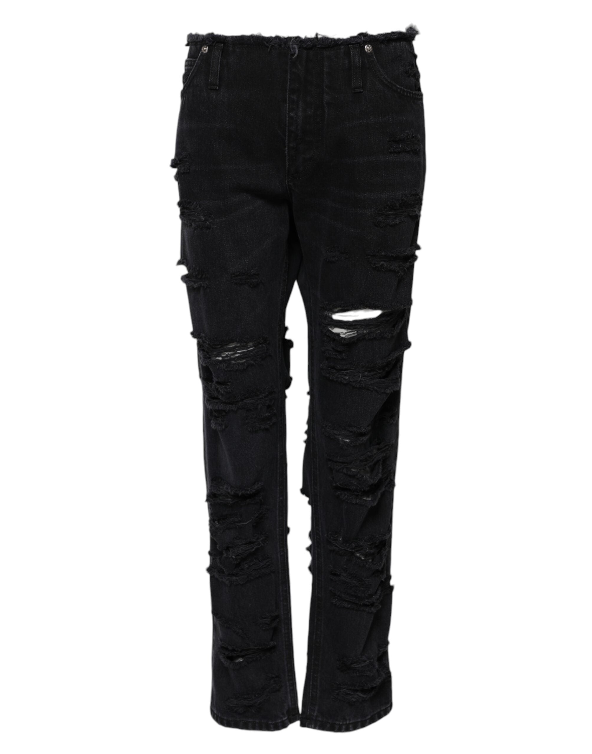 Black Cotton Tattered Mid Waist Denim Jeans - ventzia