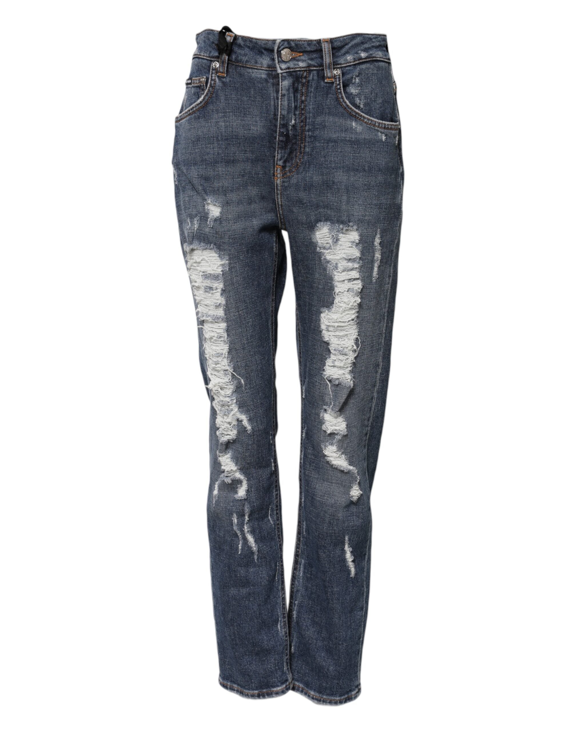 Blue Cotton Boyfriend Tattered Denim Jeans - ventzia
