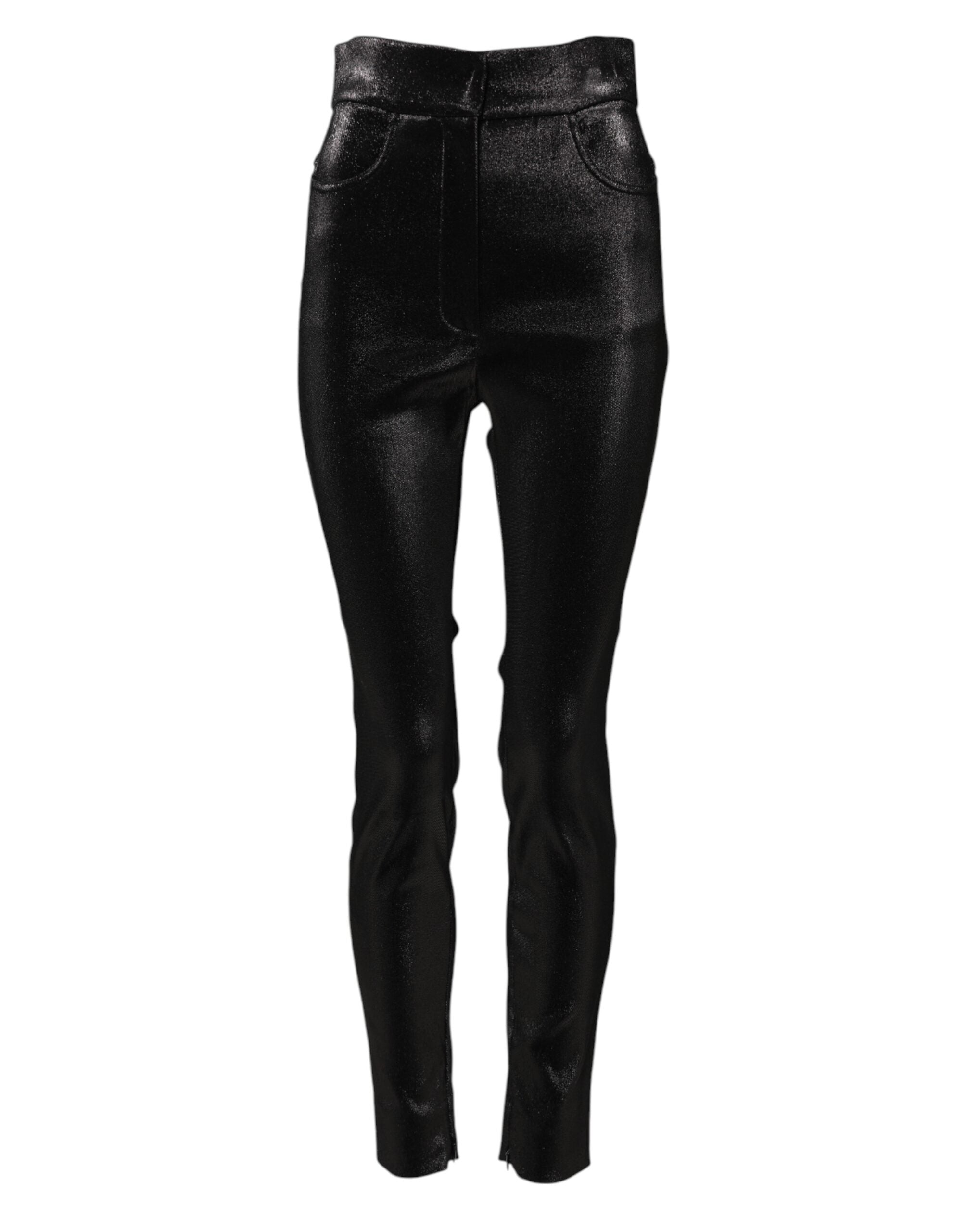 Black Cotton Stretch Lurex Thread Skinny Pants - ventzia