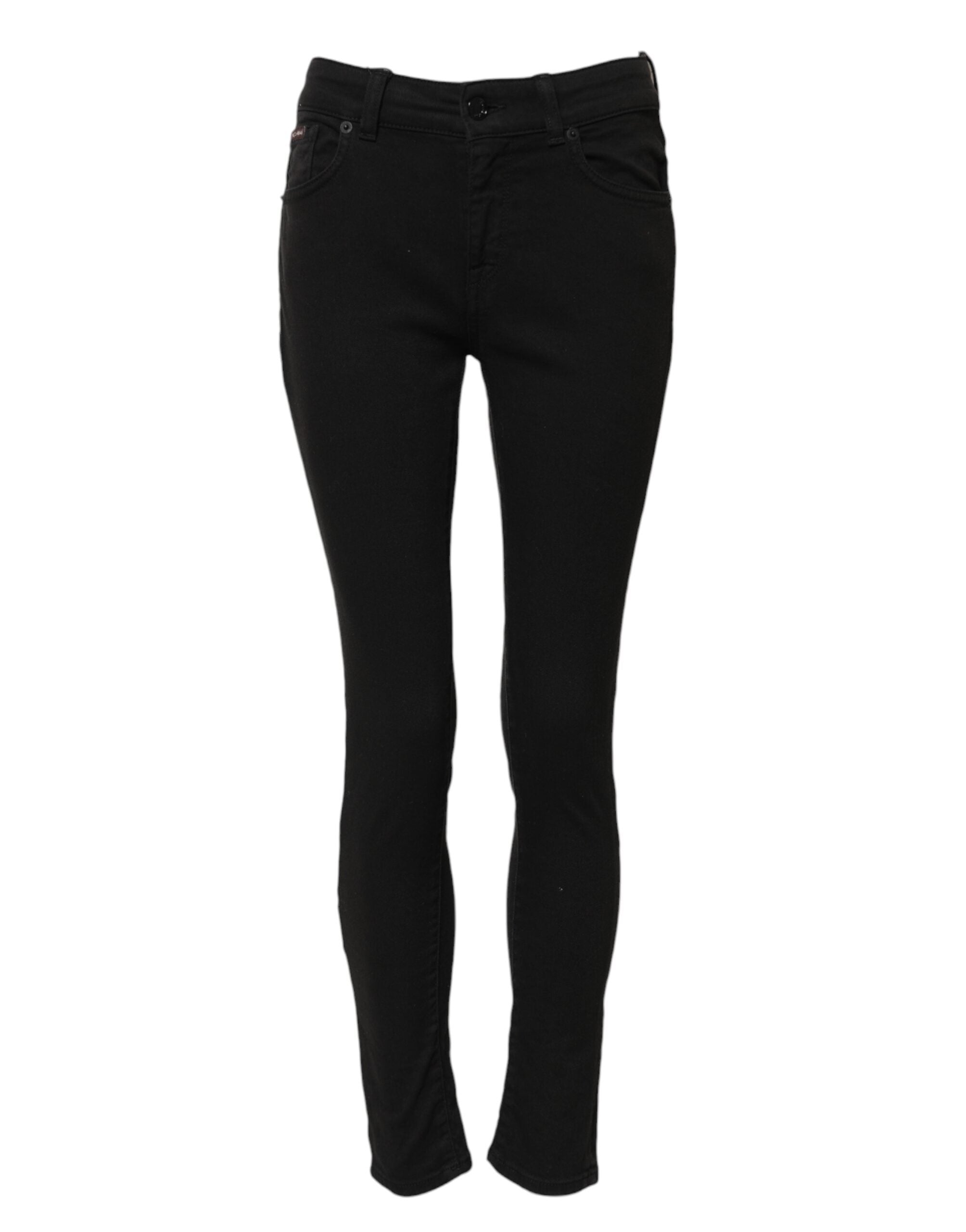 Black Cotton Skinny Mid Waist Denim Jeans - ventzia