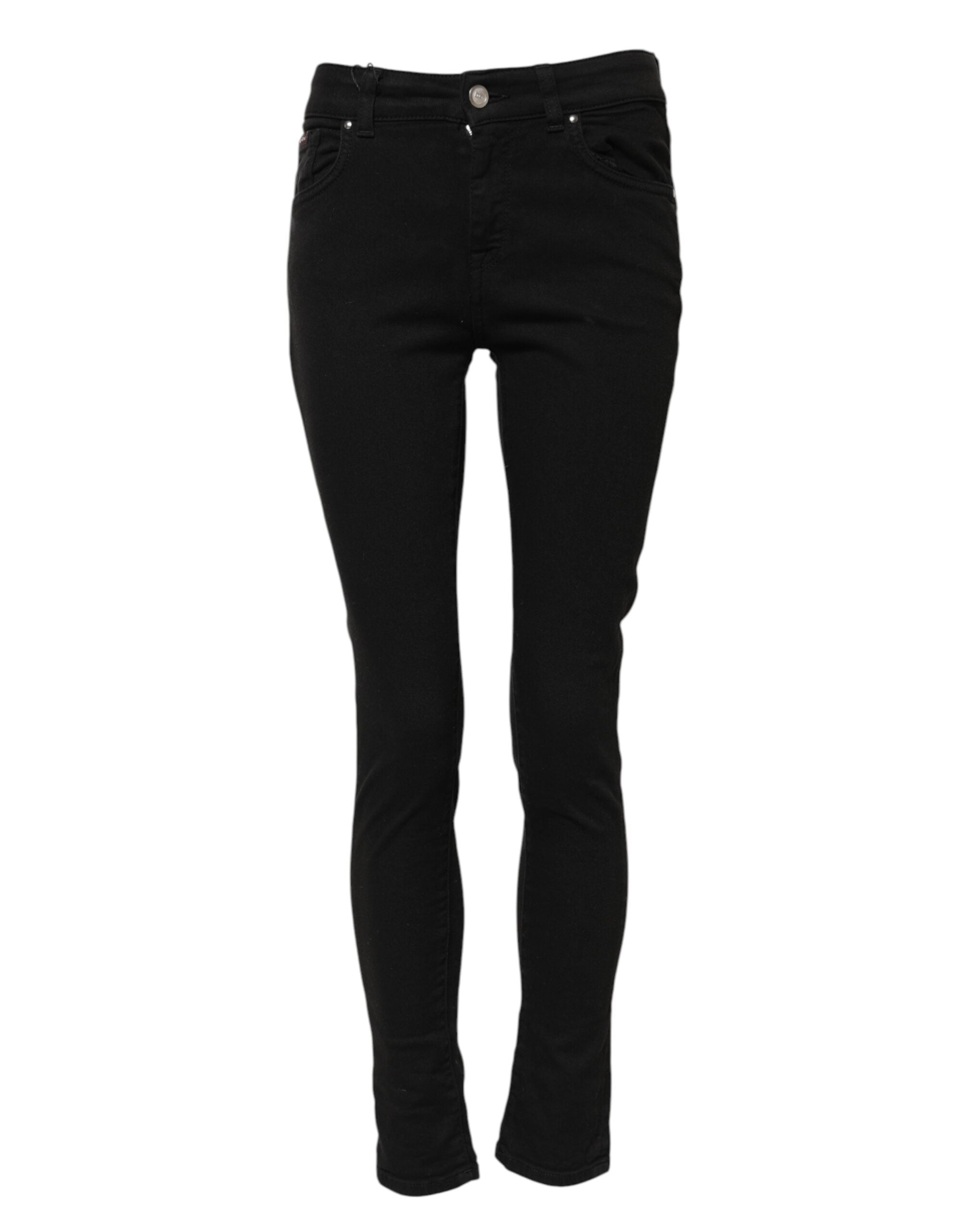 Black Cotton Skinny Mid Waist Denim Jeans - ventzia