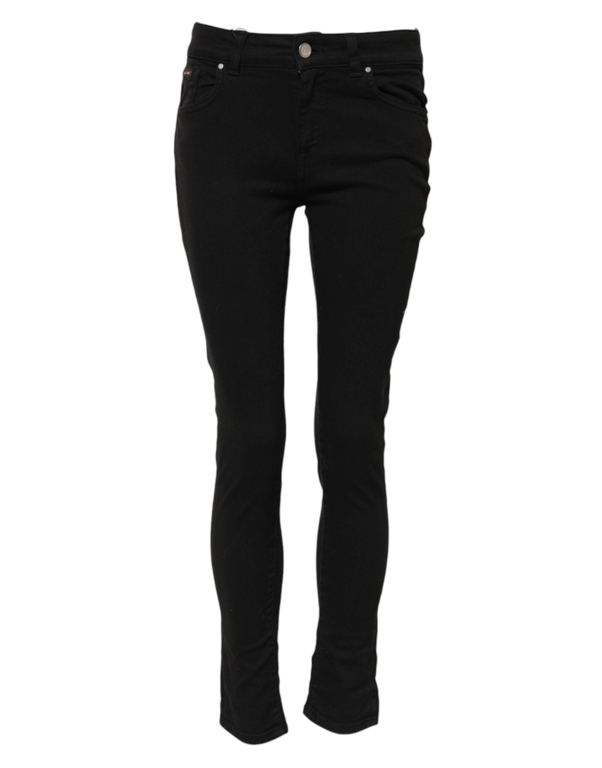 Black Cotton Skinny Mid Waist Denim Jeans - ventzia