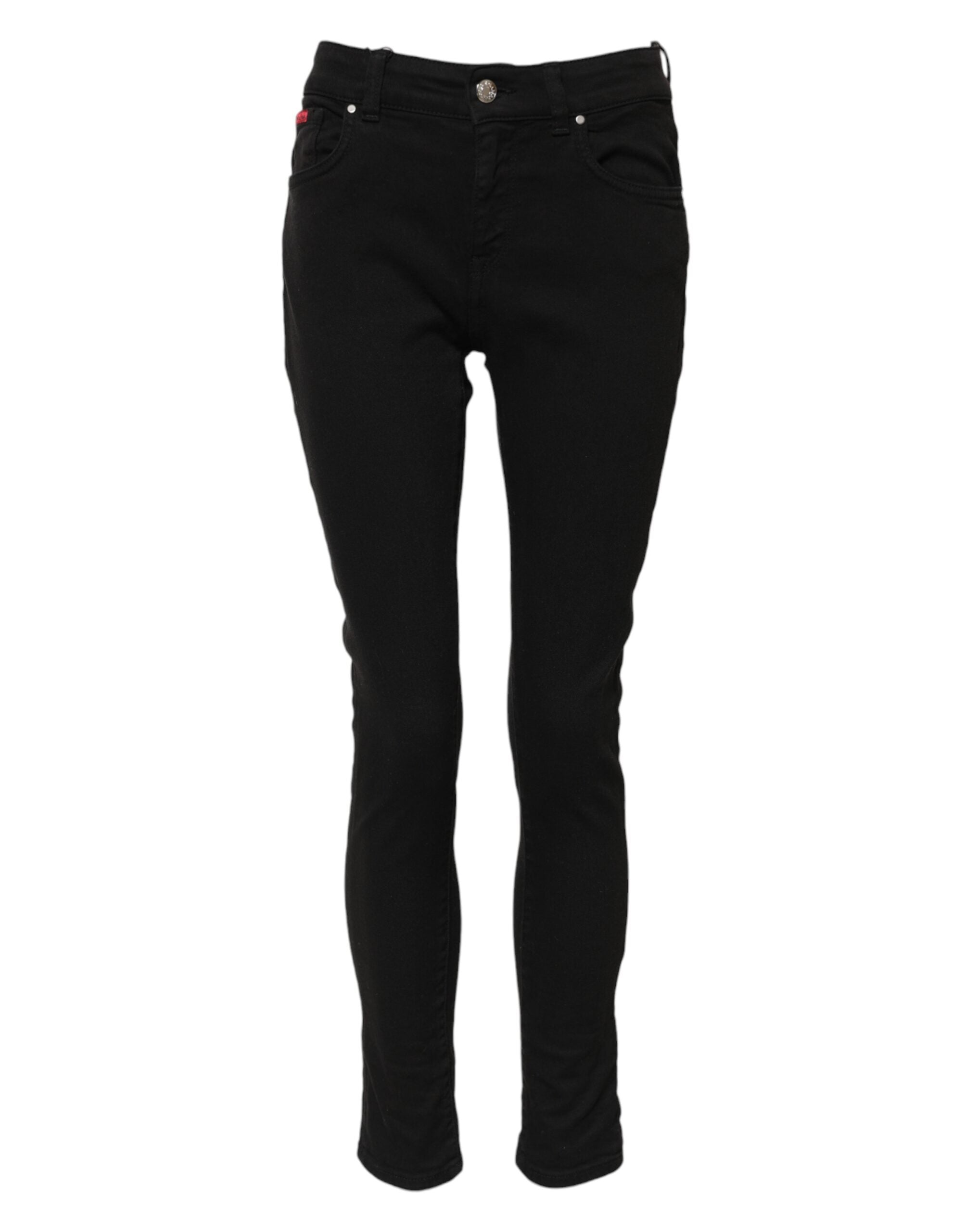 Black Cotton Logo Skinny Mid Waist Denim Jeans - ventzia