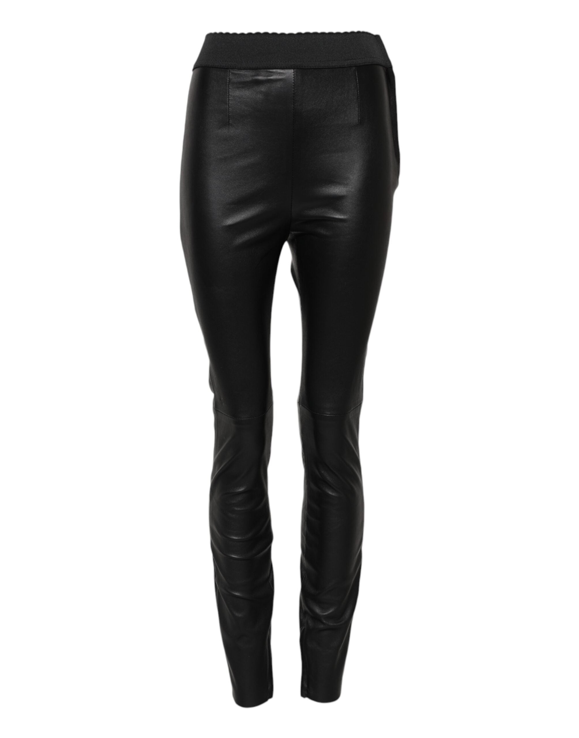 Black Leather Elastic Waist Pants - ventzia