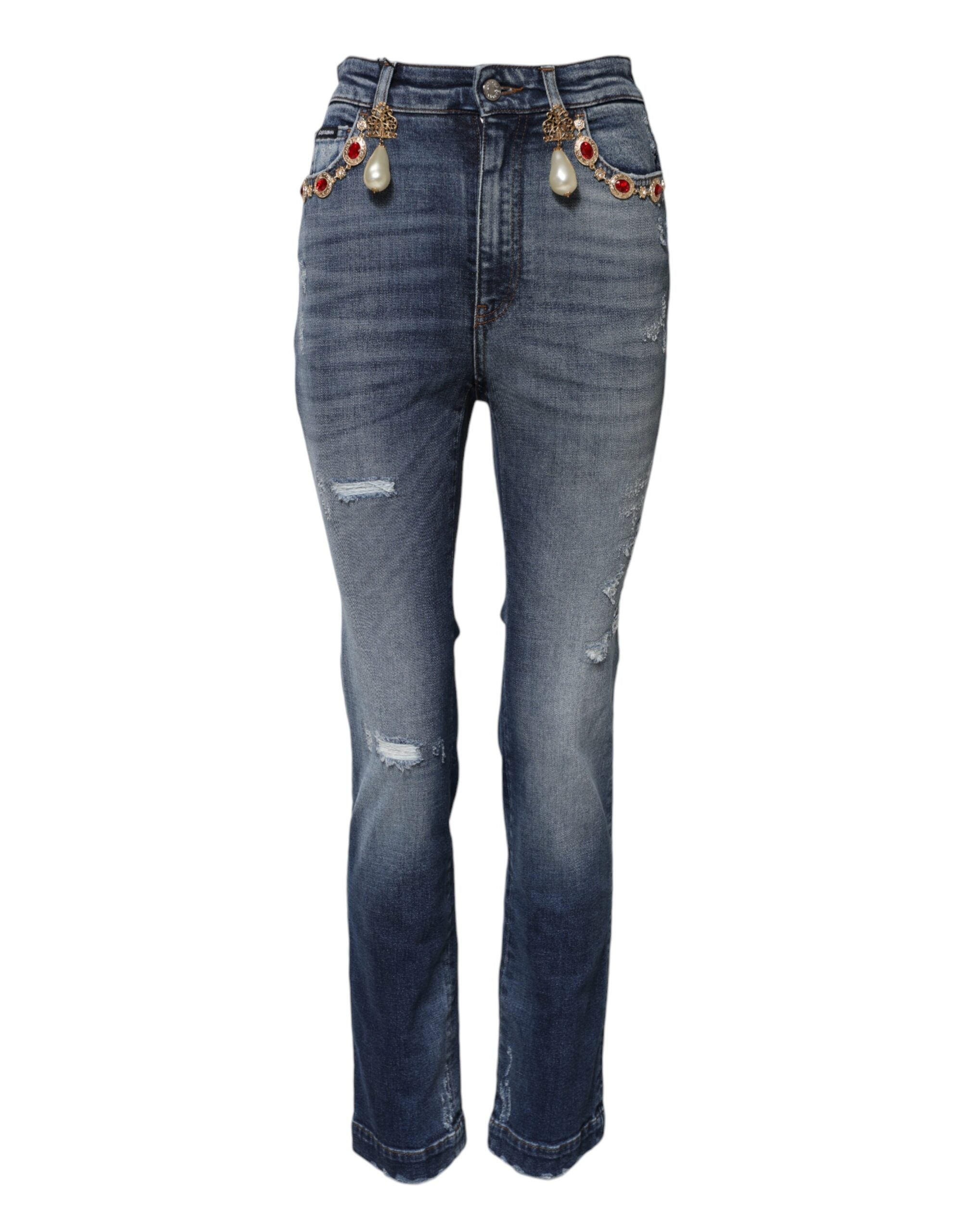 Blue Rhinestone Embellished Denim Jeans - ventzia
