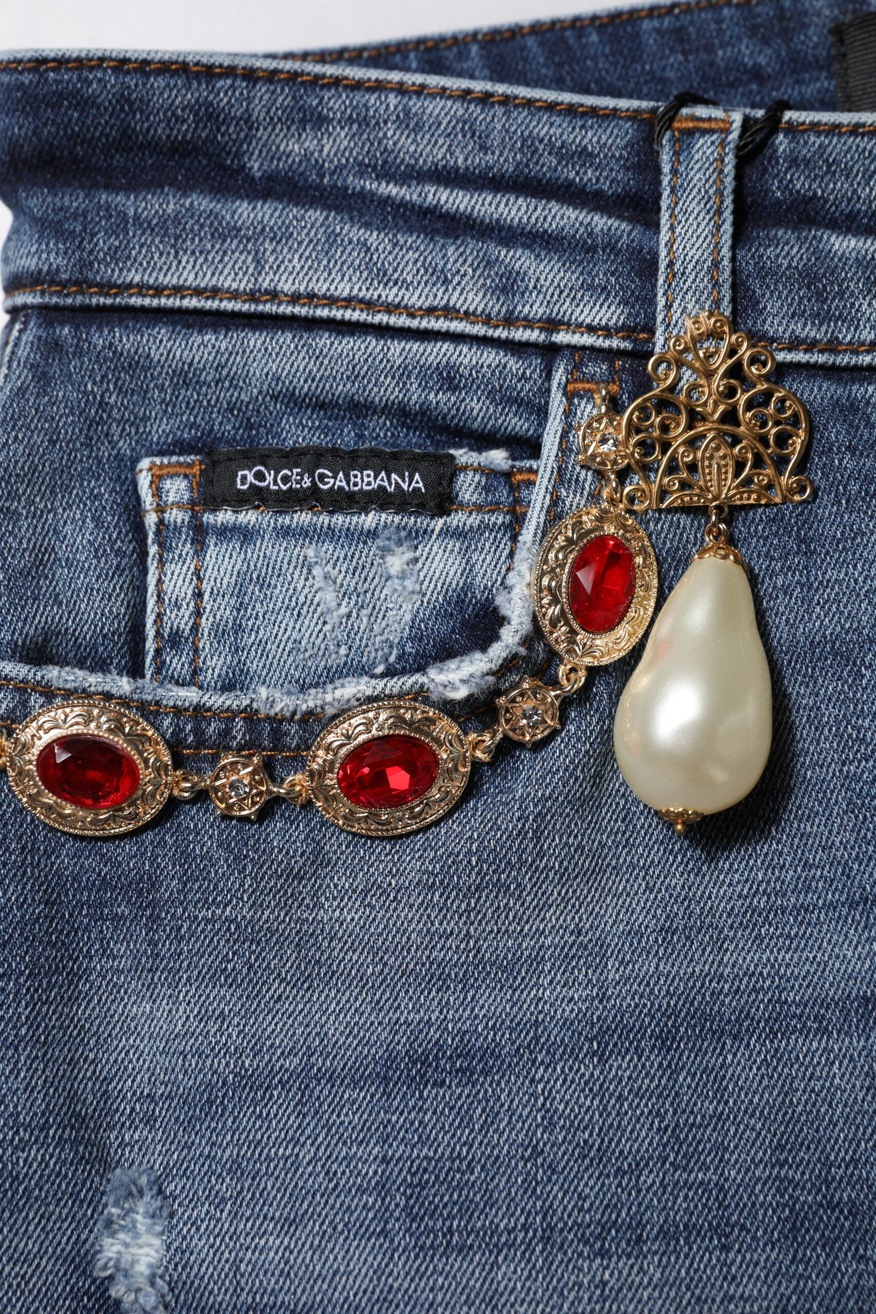 Blue Rhinestone Embellished Denim Jeans - ventzia