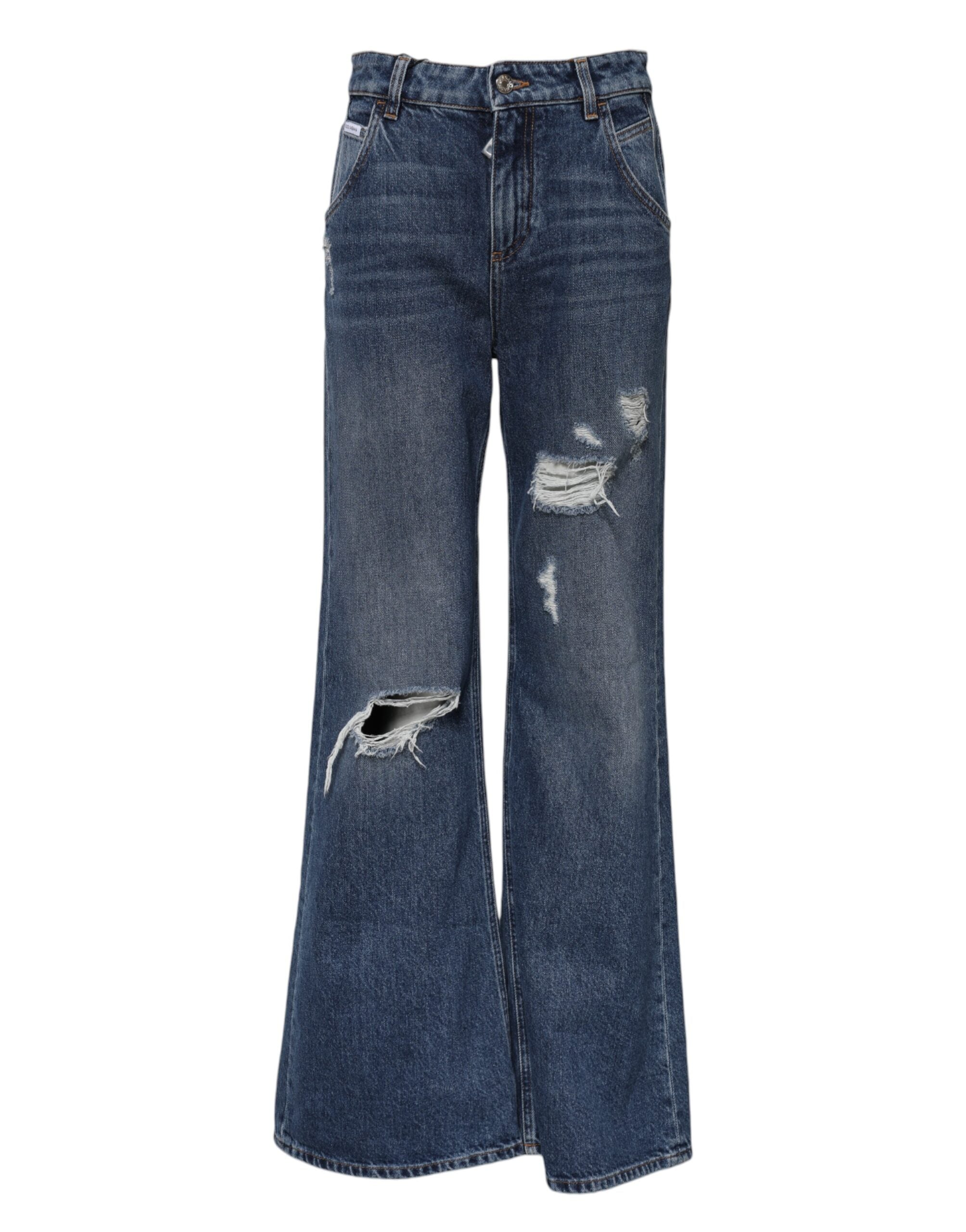 Blue Cotton Wide Leg Tattered Denim Jeans - ventzia