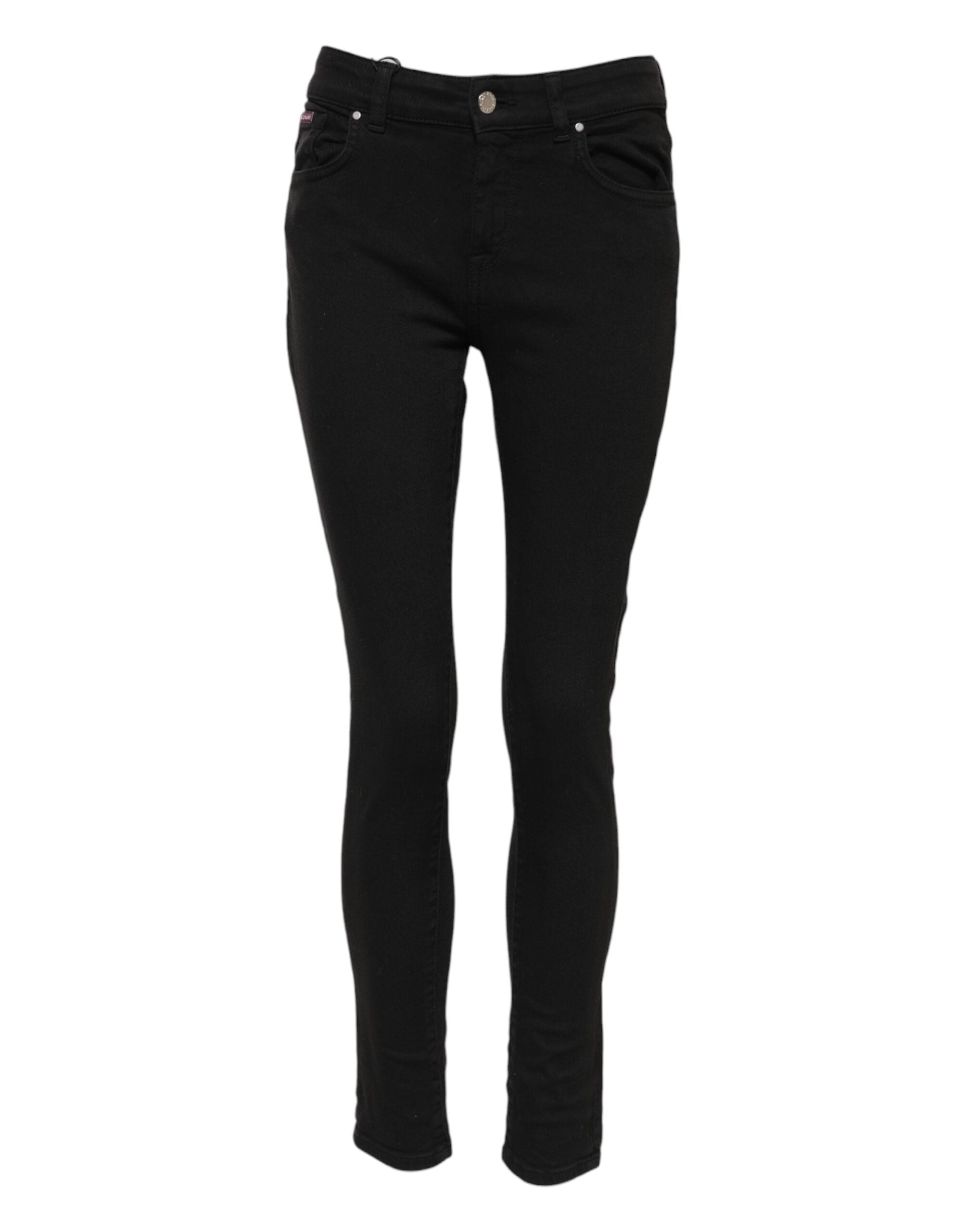 Black Cotton Logo Skinny Mid Waist Denim Jeans - ventzia