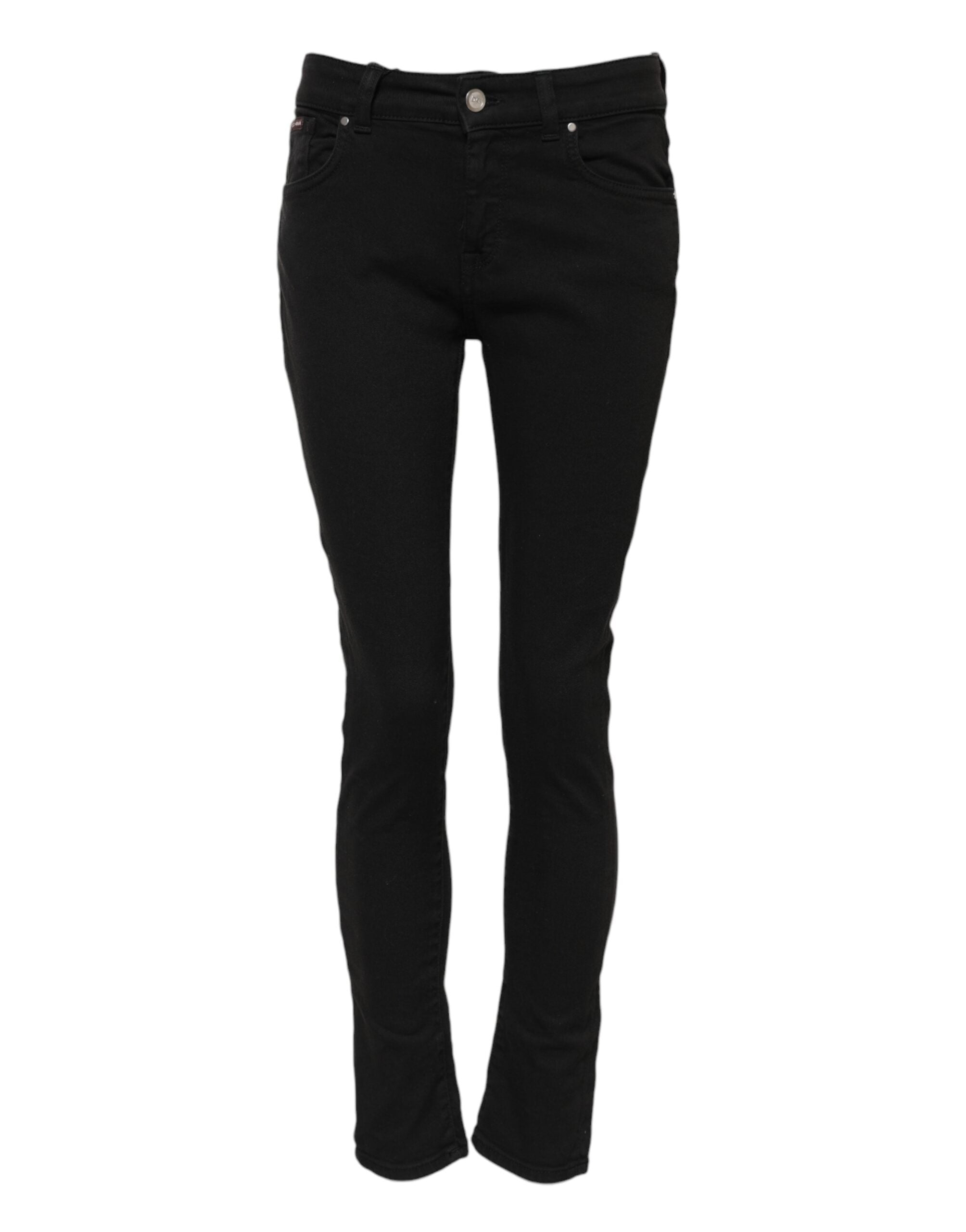 Black Cotton Logo Skinny Mid Waist Denim Jeans - ventzia