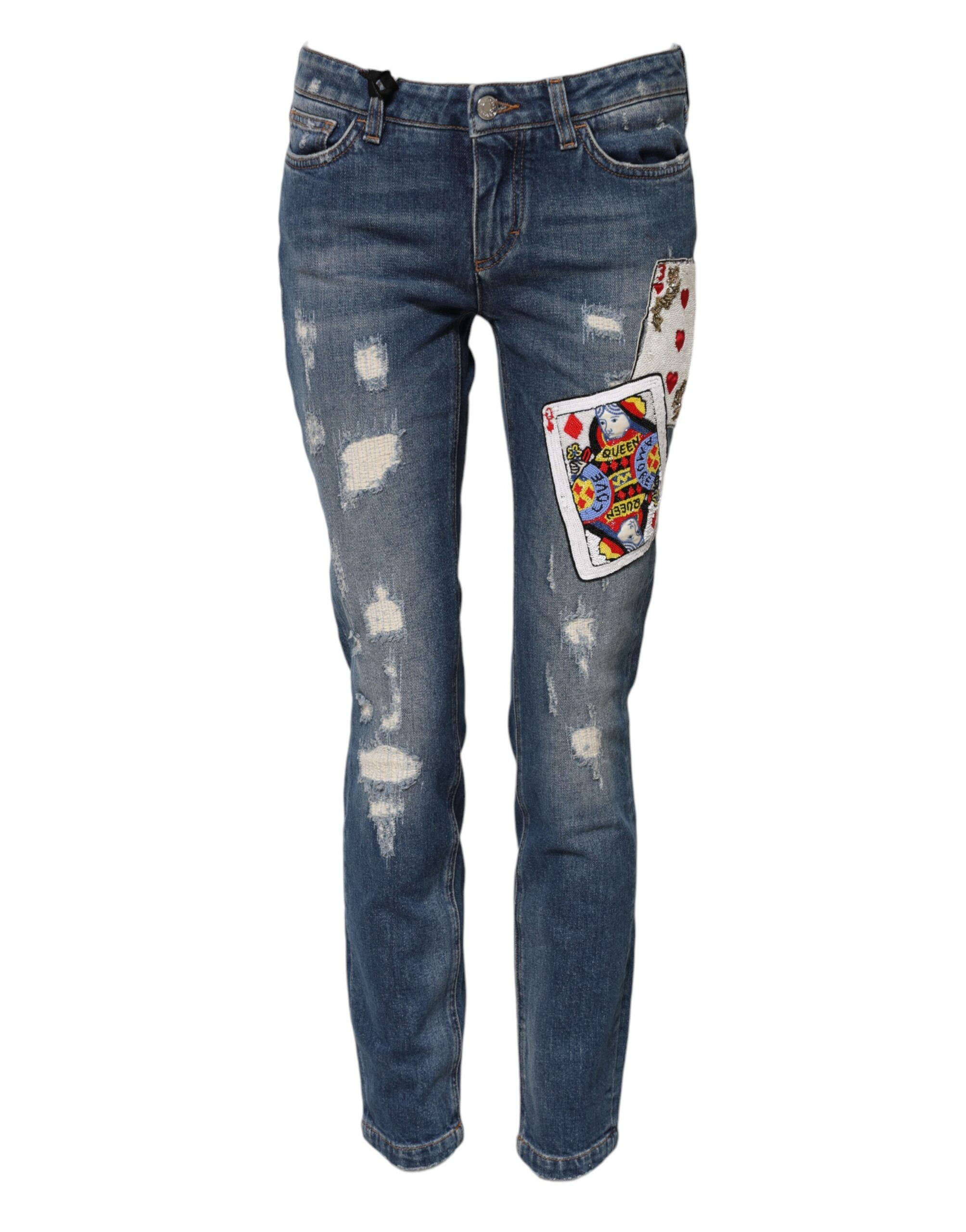 Blue Play Card Embroidery Skinny Denim Jeans - ventzia