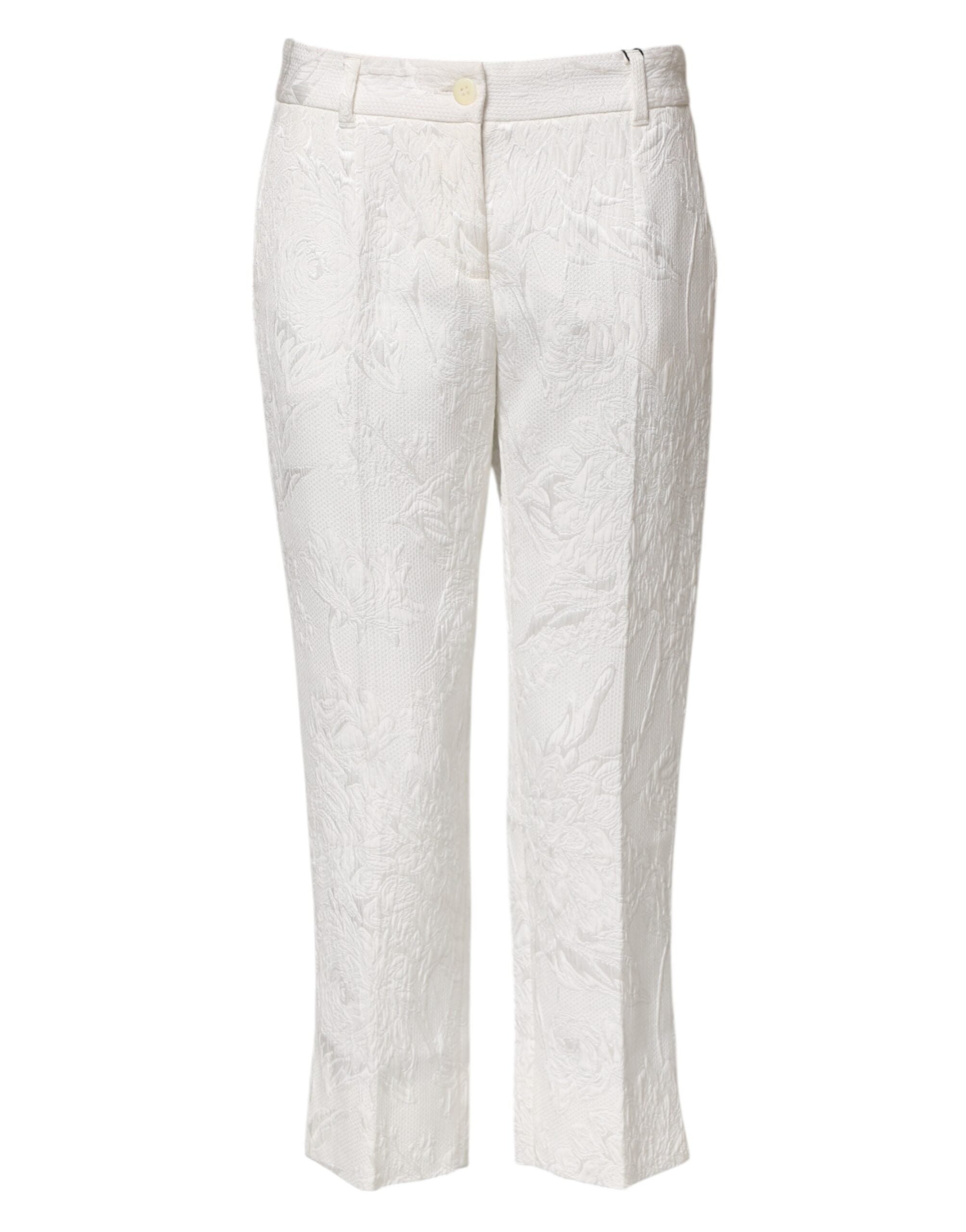 White Cotton Floral Jacquard Pants - ventzia