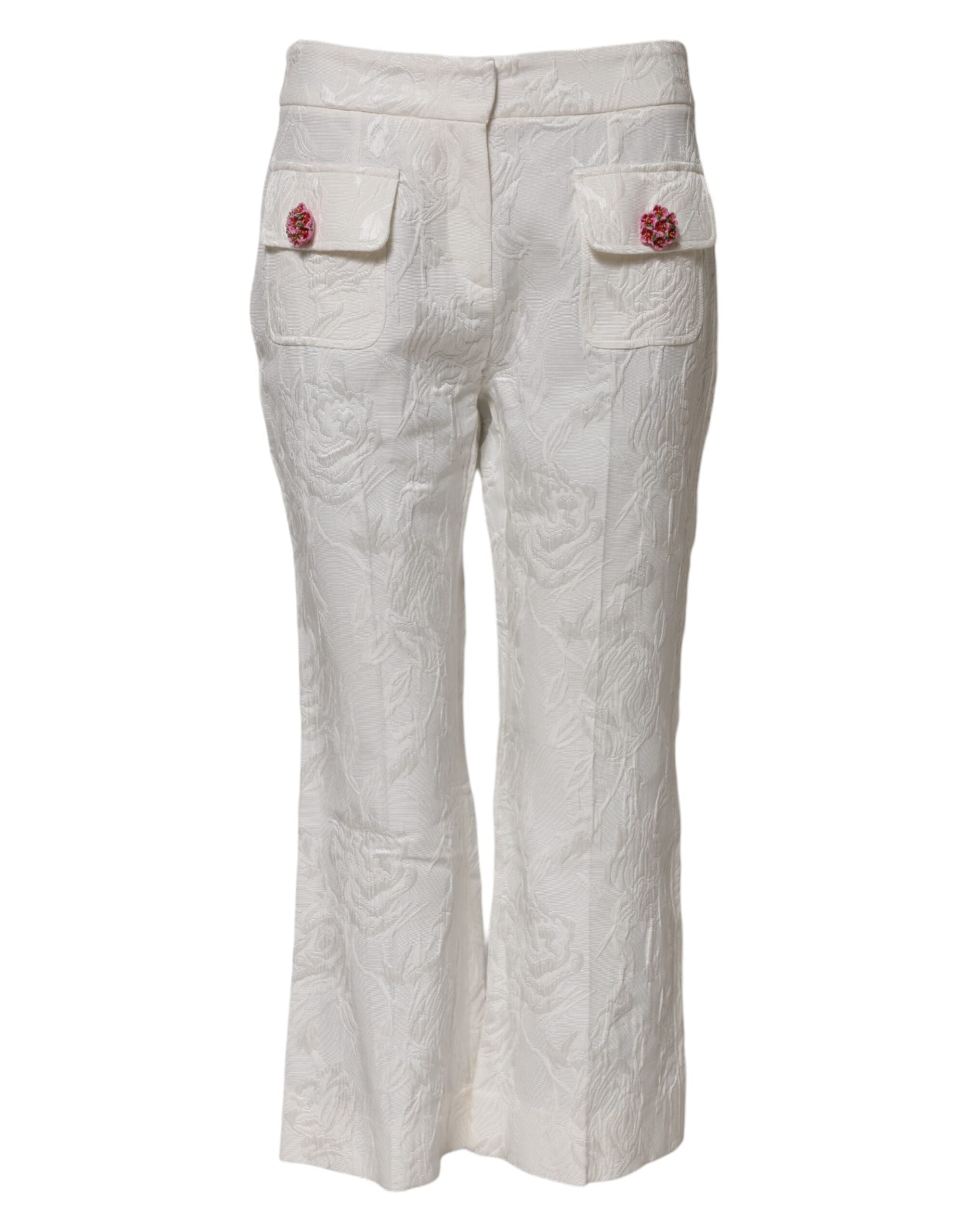 White Cotton Floral Jacquard Pants - ventzia
